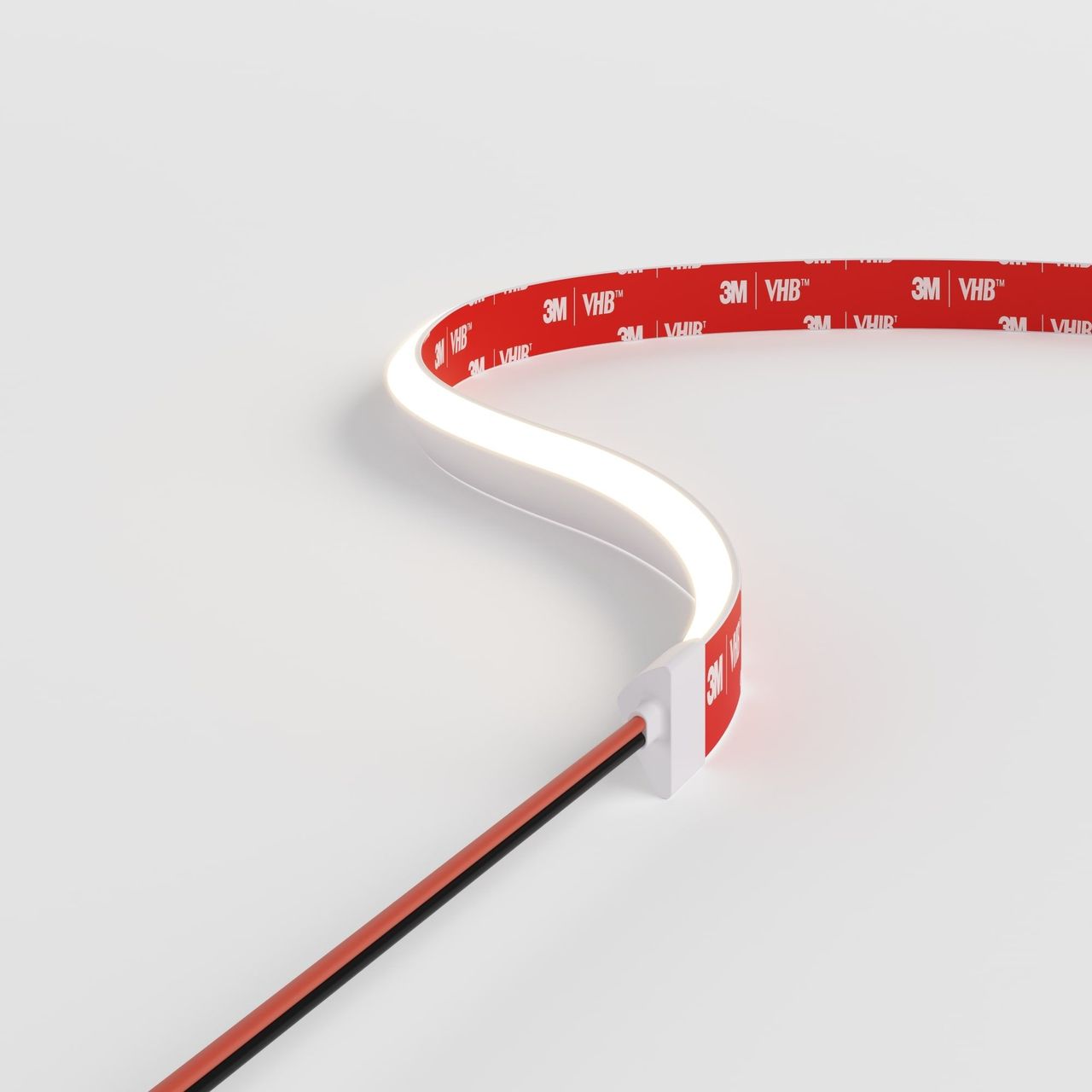 Product visualization for lighting presenting flexible light line with exposed adhesive backing