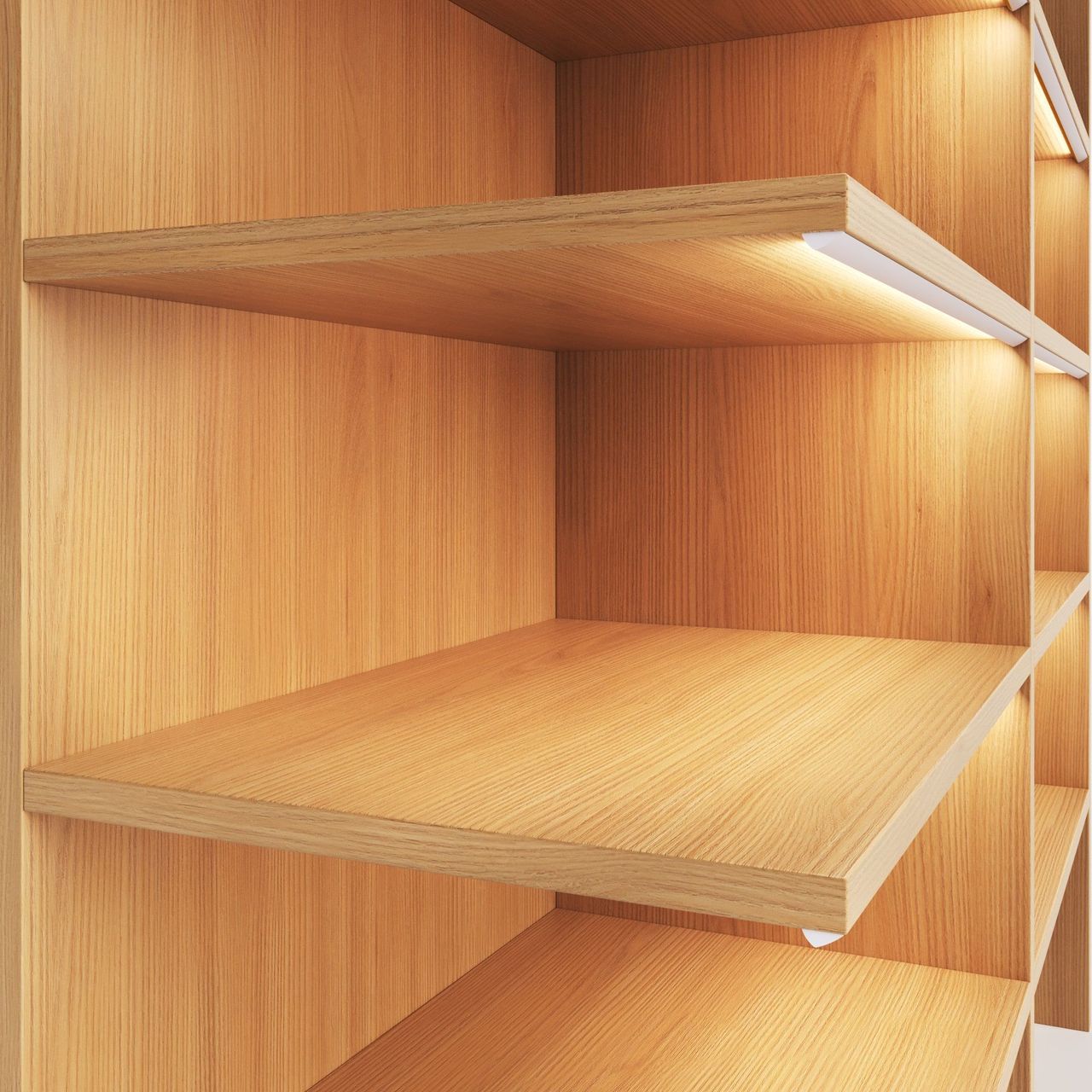 Product visualization for lighting showing integrated shelf illumination inside a wooden cabinet