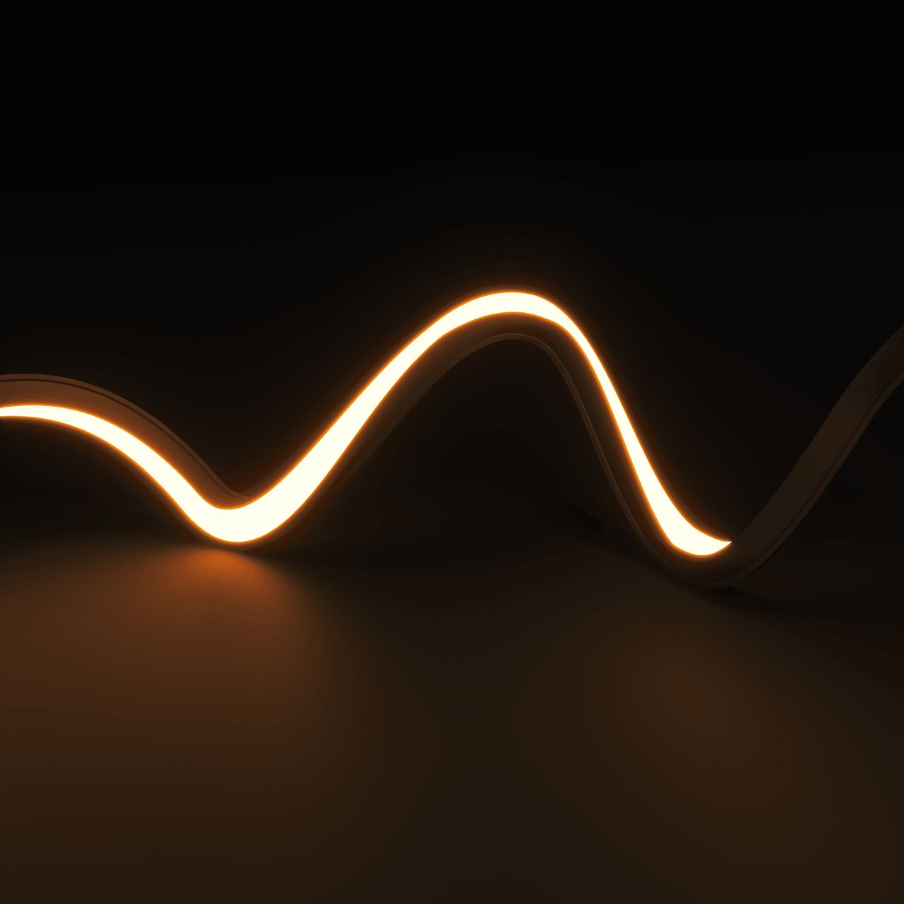 3D rendering for lighting depicting an amber flexible light line with a smooth flowing shape