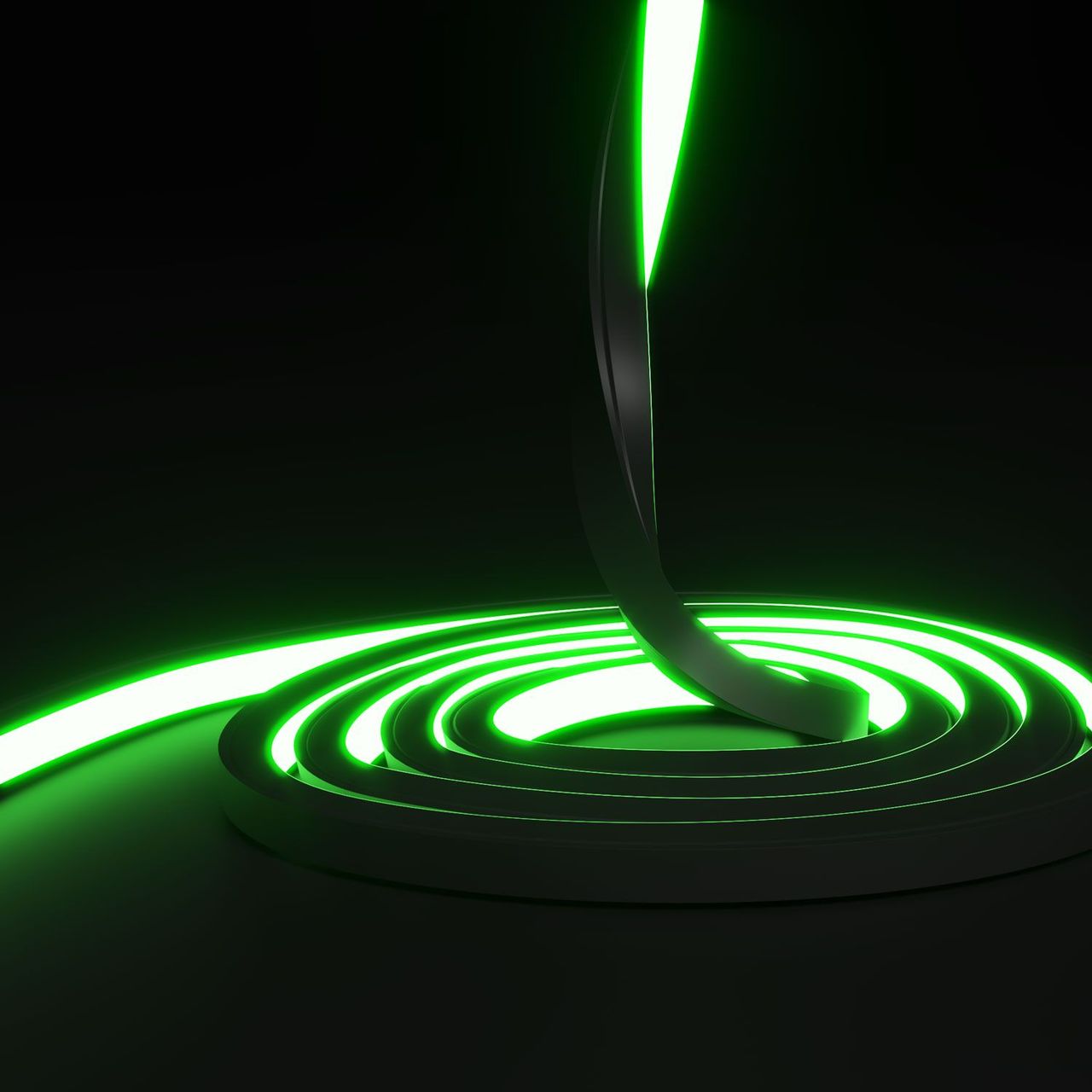 3D rendering for lighting showing flexible luminous line with green emission