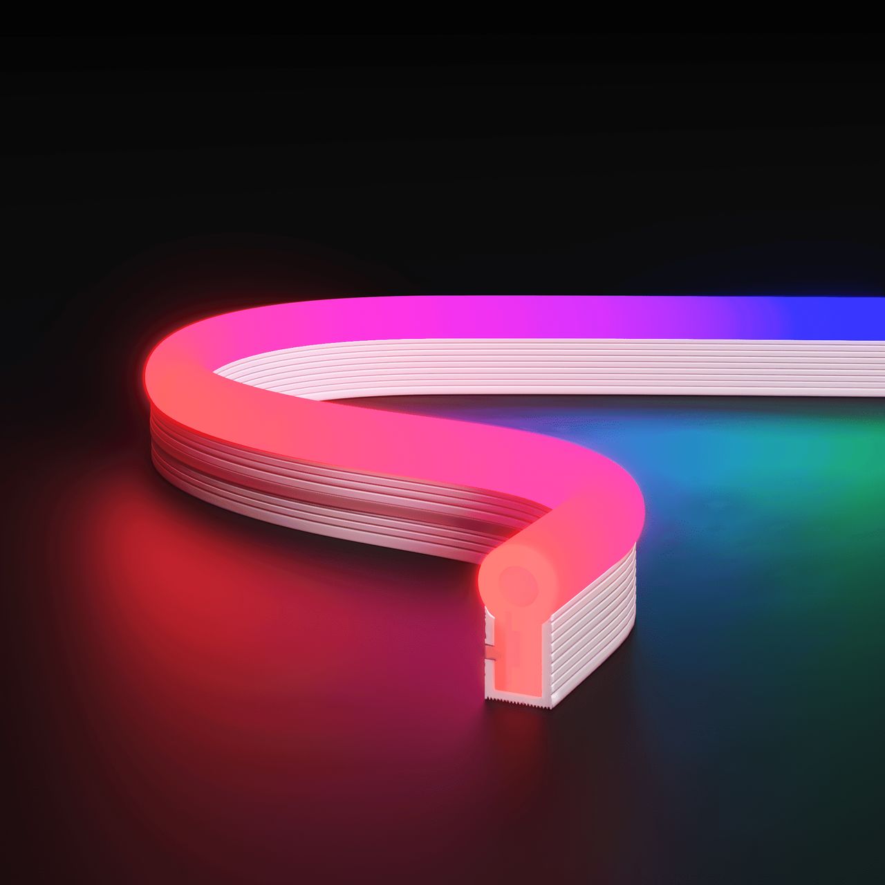 Product visualization for lighting showing flexible line emitting vivid color against a dark surface