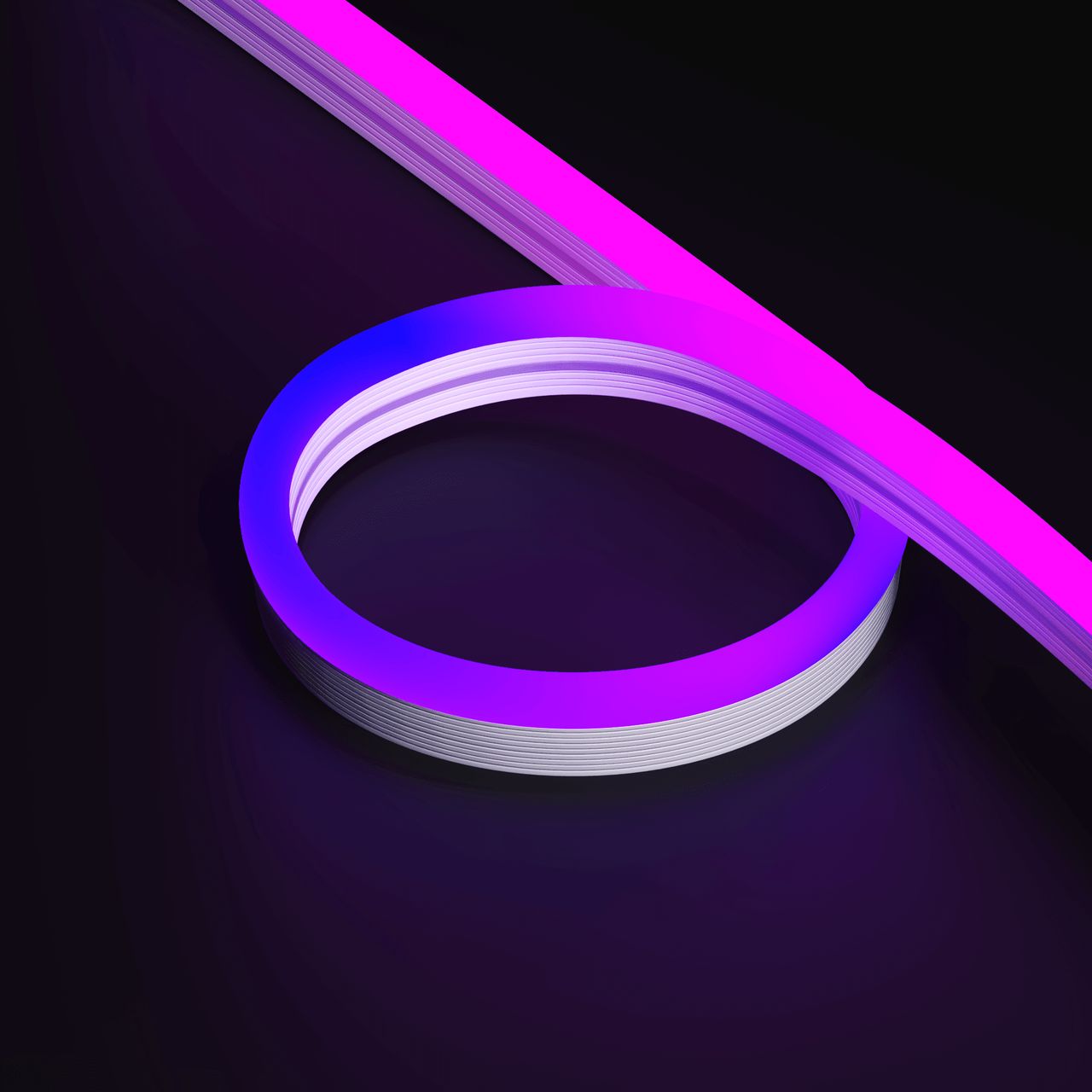 Product visualization for lighting showing a glowing flexible line forming an open loop on a dark surface