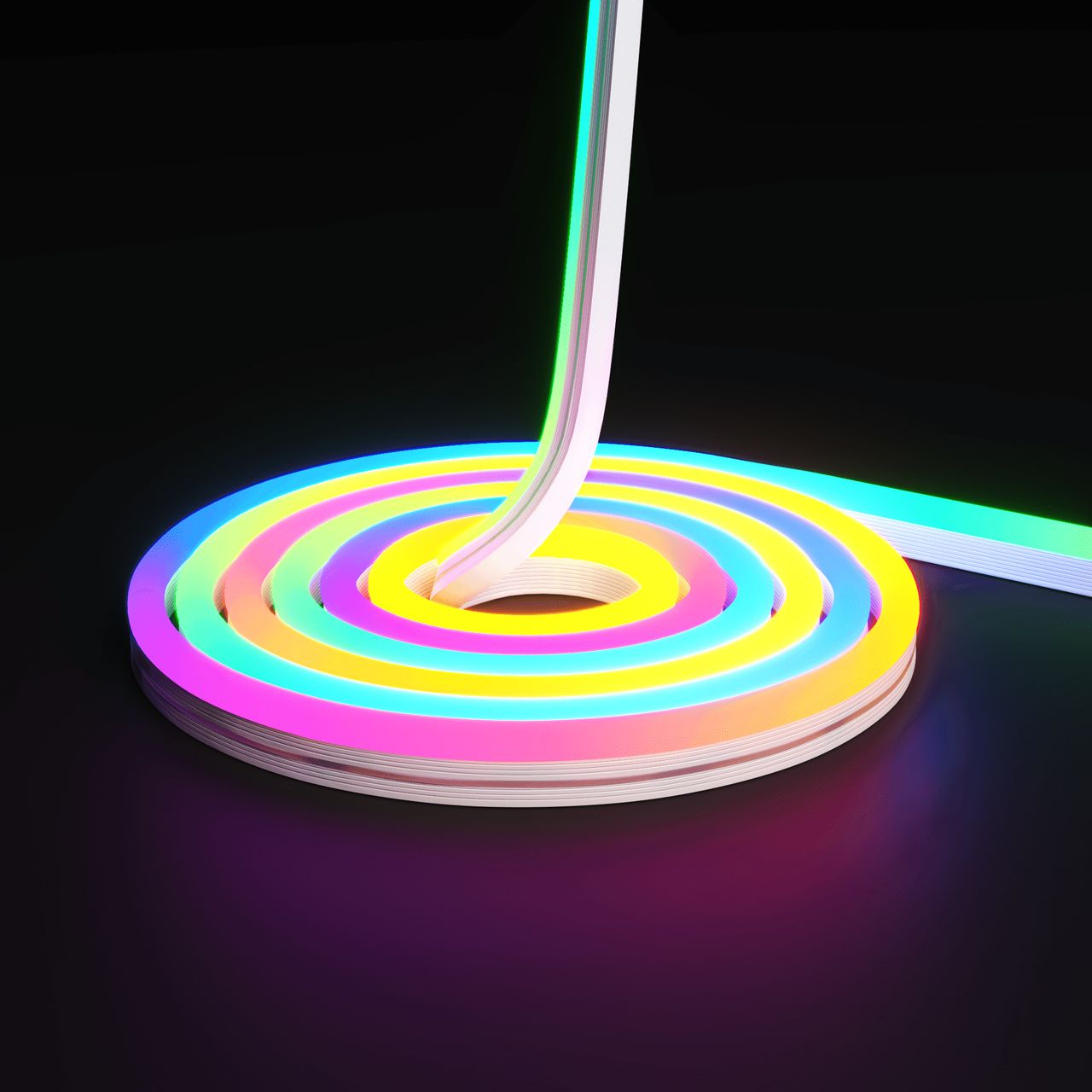 Product visualization for lighting depicting a multicolor flexible line coiled into a compact spiral shape