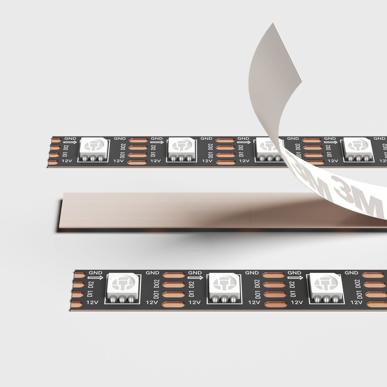 3D rendering for lighting showing an exploded view of flexible strip layers with adhesive backing