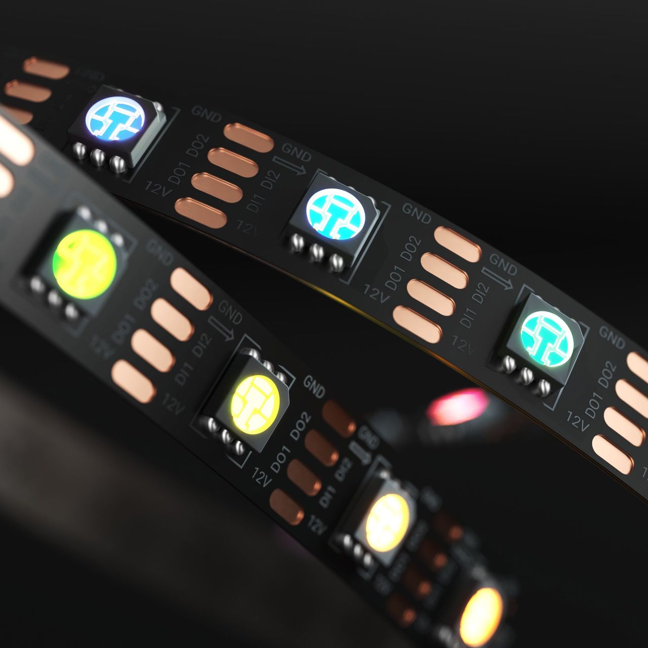 Product render of an LED strip showing illuminated diodes and circuit details in close up