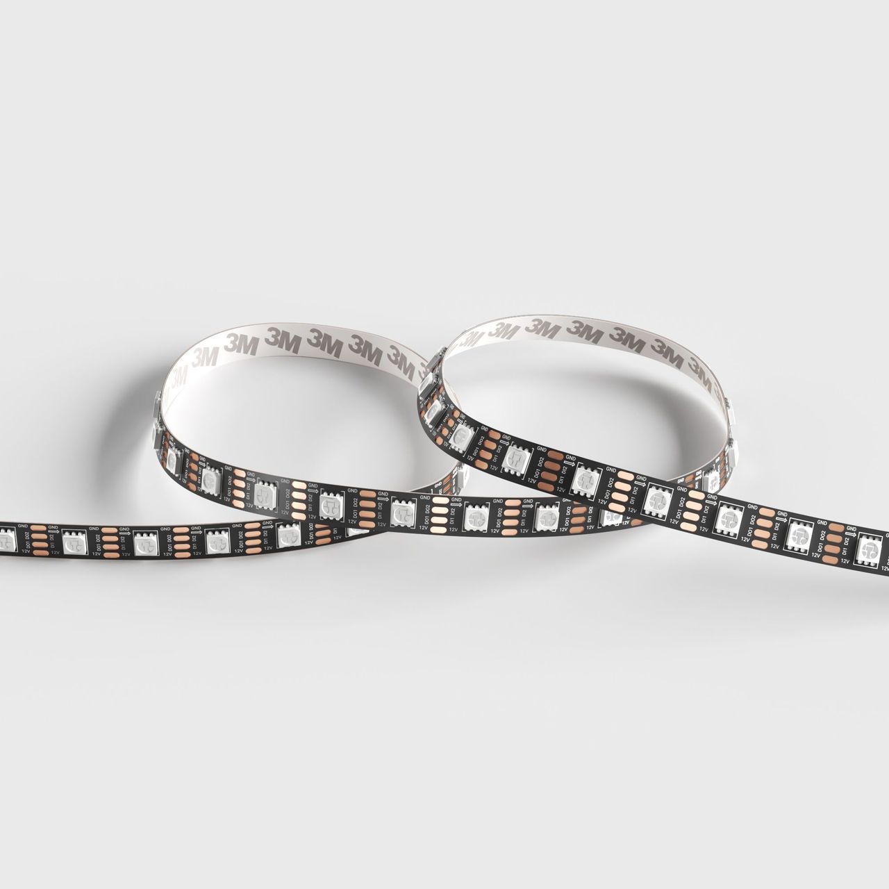 Product 3D visualization showing a flexible light strip with adhesive backing on a neutral background