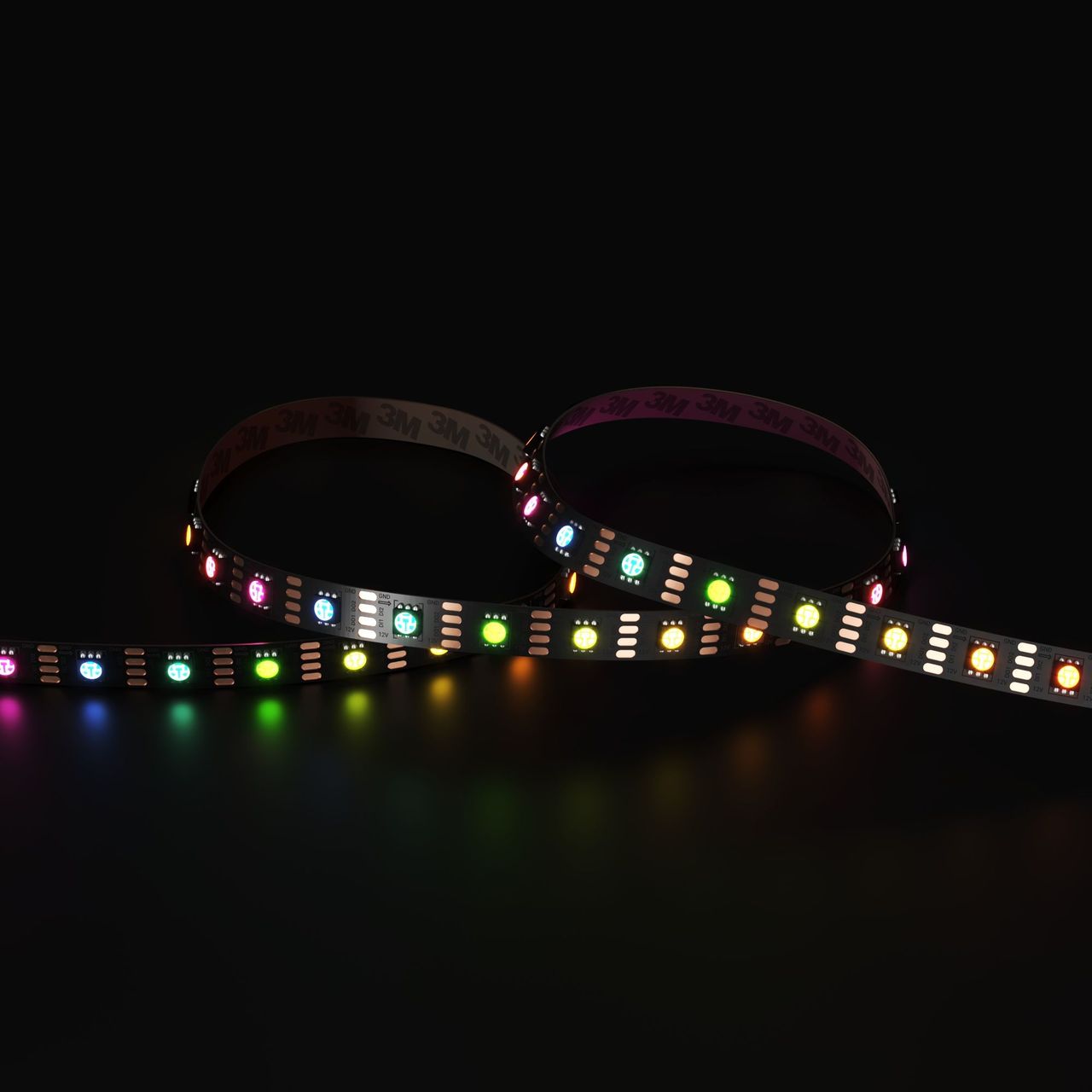 RGB LED strip shown in a close up product 3D visualization against a dark background