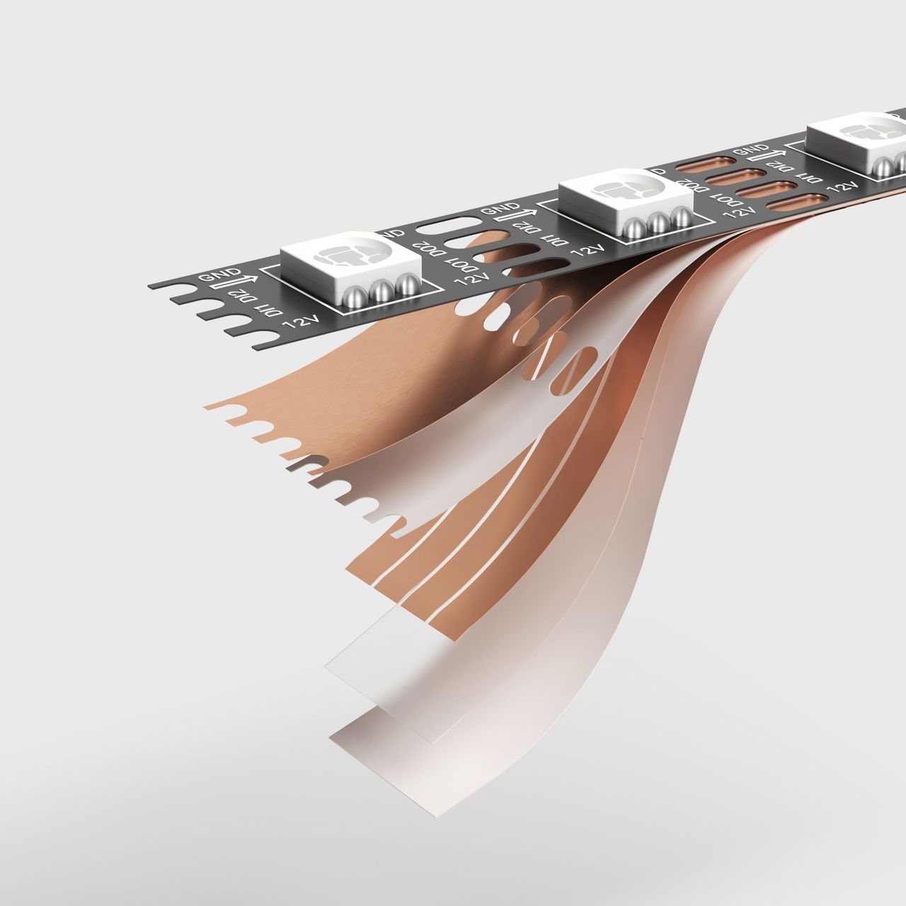 3D rendering for lighting showing separated material layers with adhesive backing exposed
