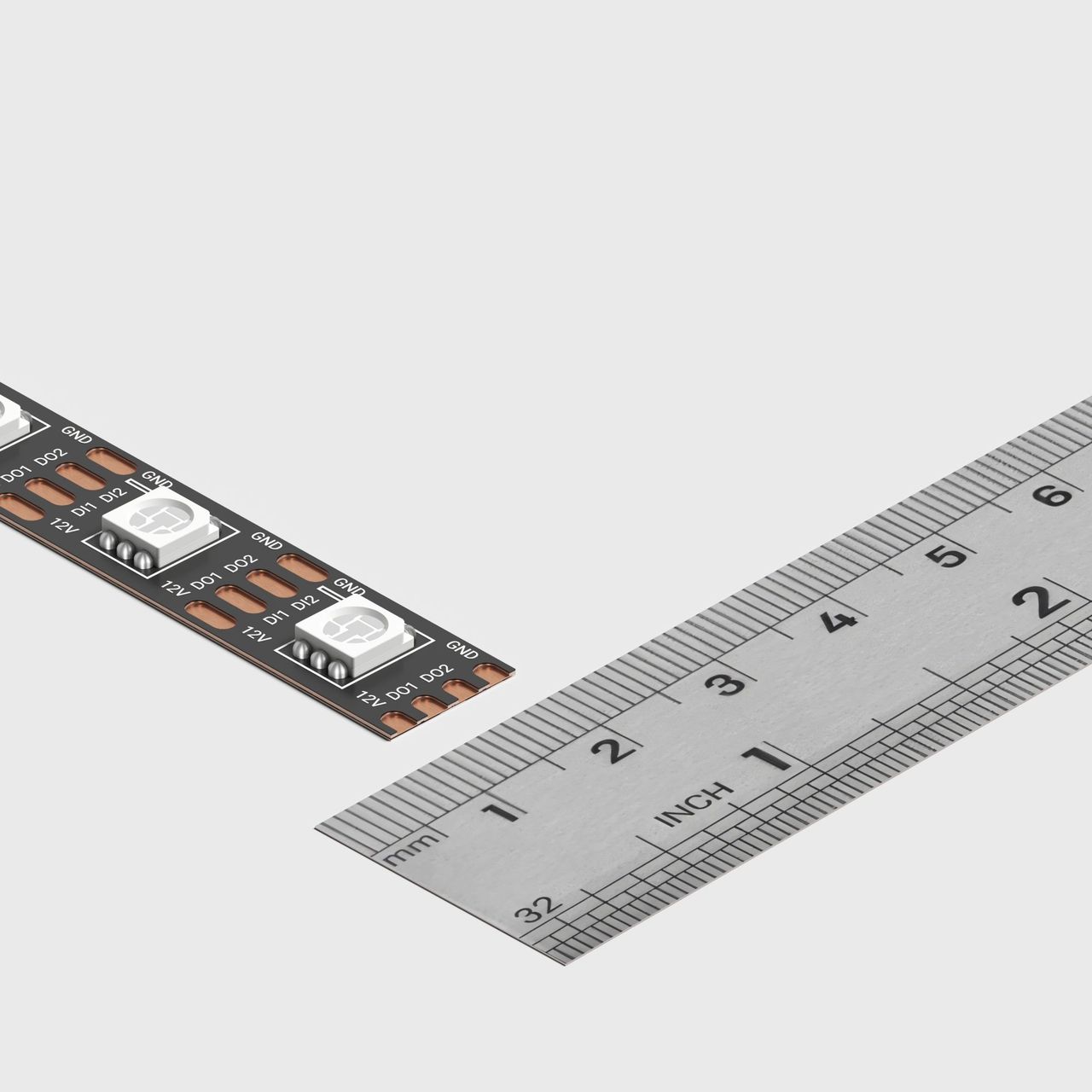 3D rendering for lighting illustrating flexible tape length alongside a measurement ruler