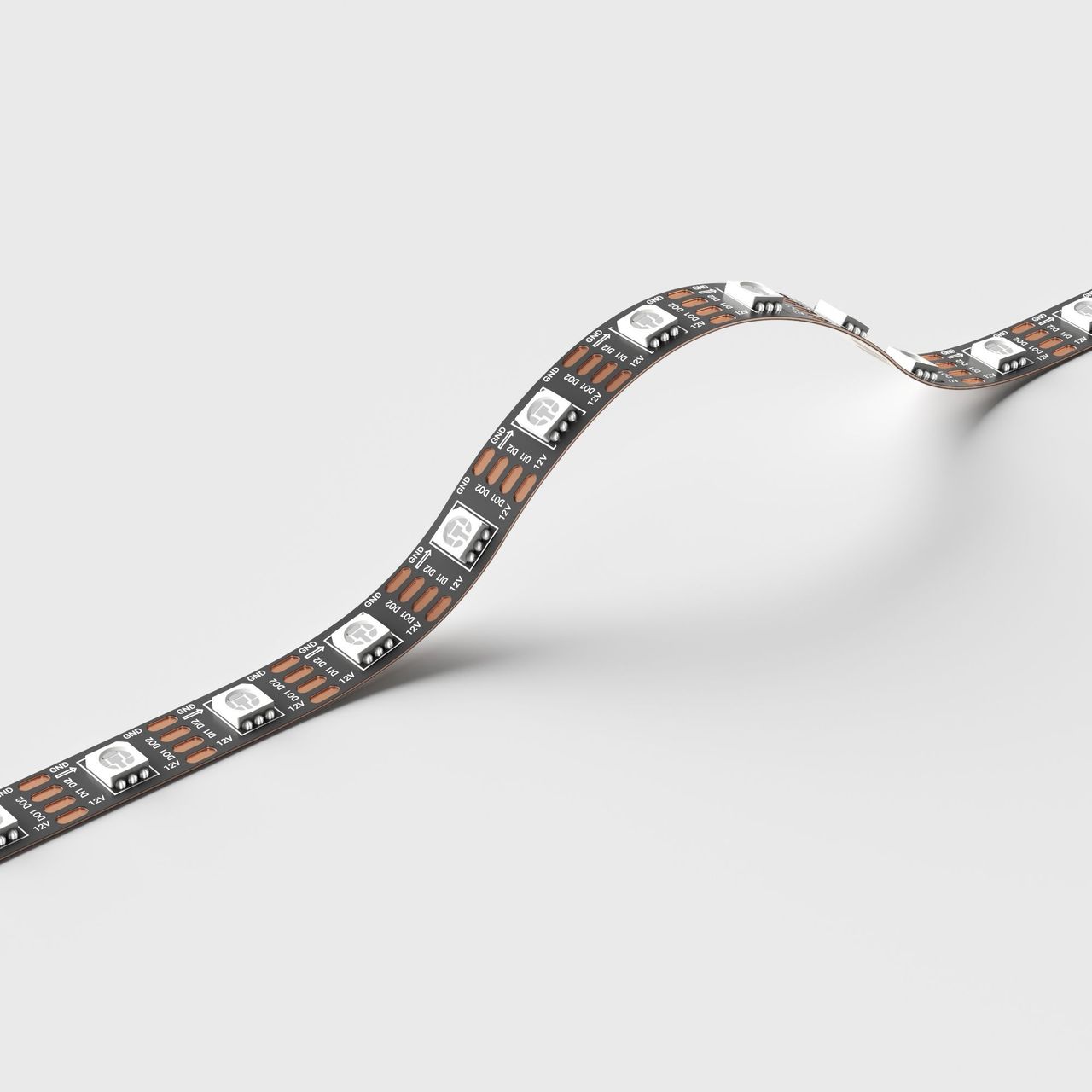 3D rendering for lighting showing a flexible tape curved into a wave shape on a neutral surface