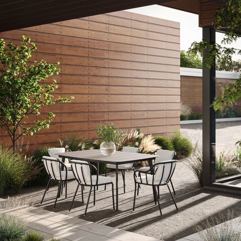 3D Rendering Of Contemporary Patio Dining Area With Metal Chairs And Horizontal Wood Fence