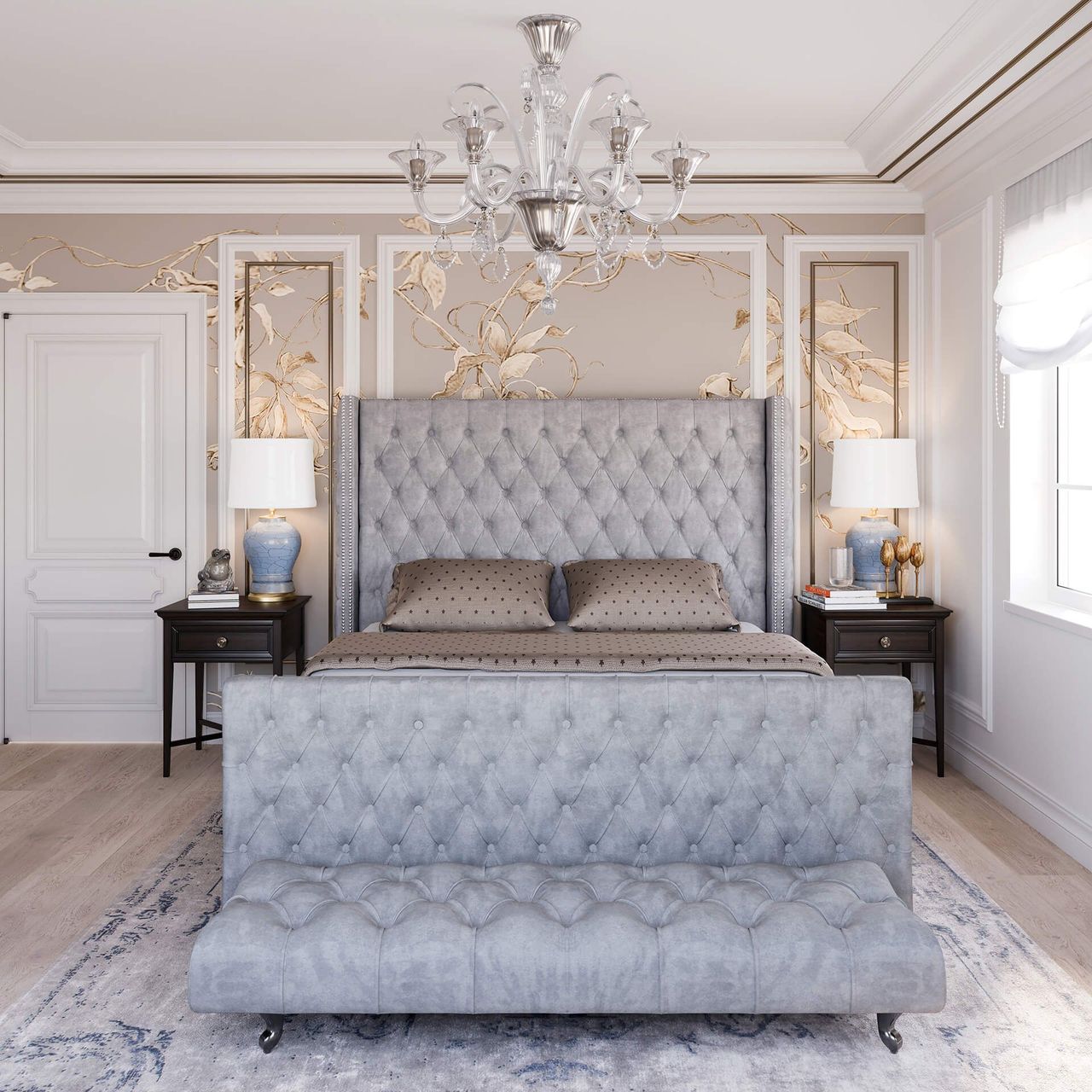 Grey Handcrafted Bed CGI: Front View