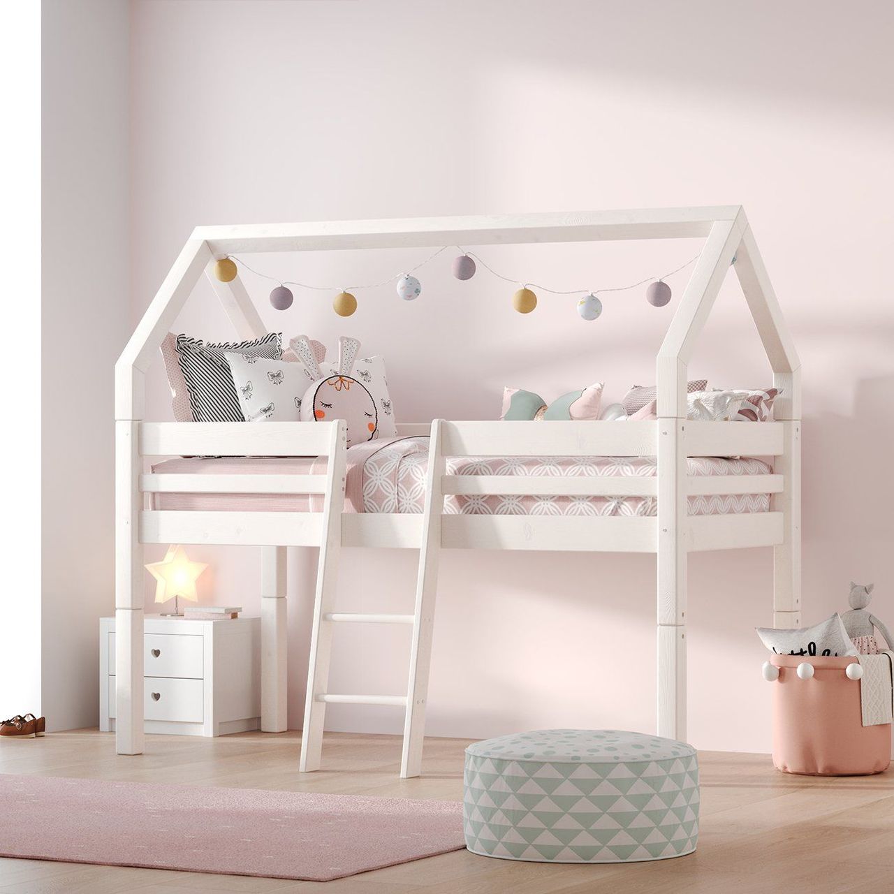3D house fittings modeling and rendering of a children's bedroom featuring a white loft bed, showcasing 3D interior visualization and photorealistic CGI rendering.