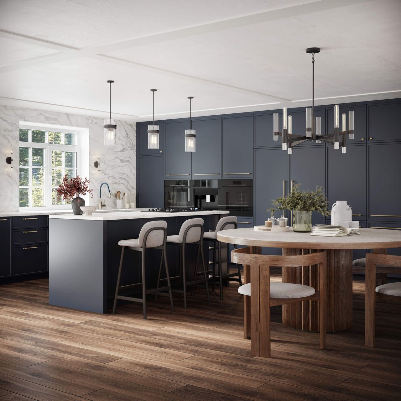 Realistic 3D kitchen interior visualization showcasing bespoke house fittings modeling and photorealistic rendering.