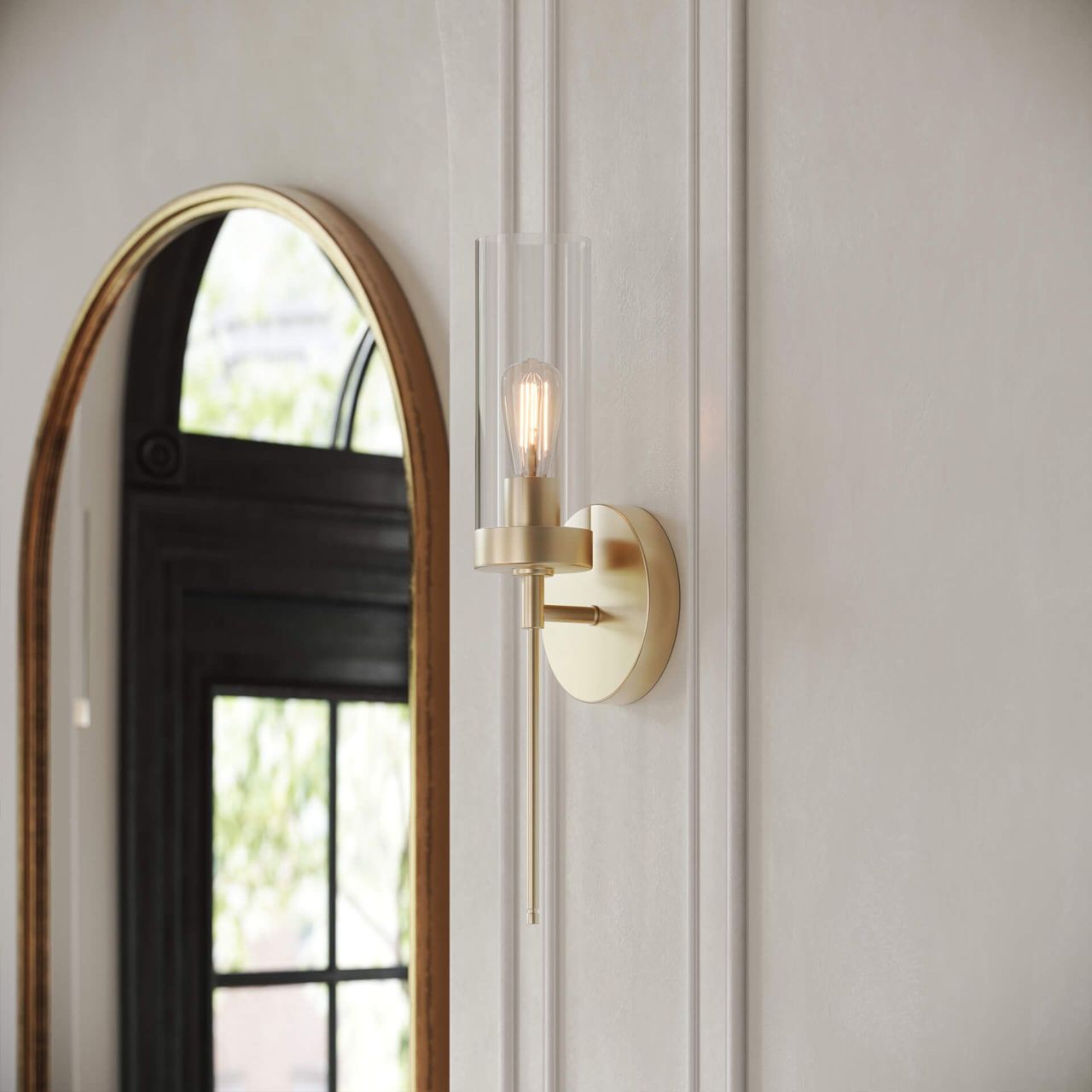Realistic 3D rendering of a trendy wall sconce in an interior setting, showcasing photorealistic lighting and design.