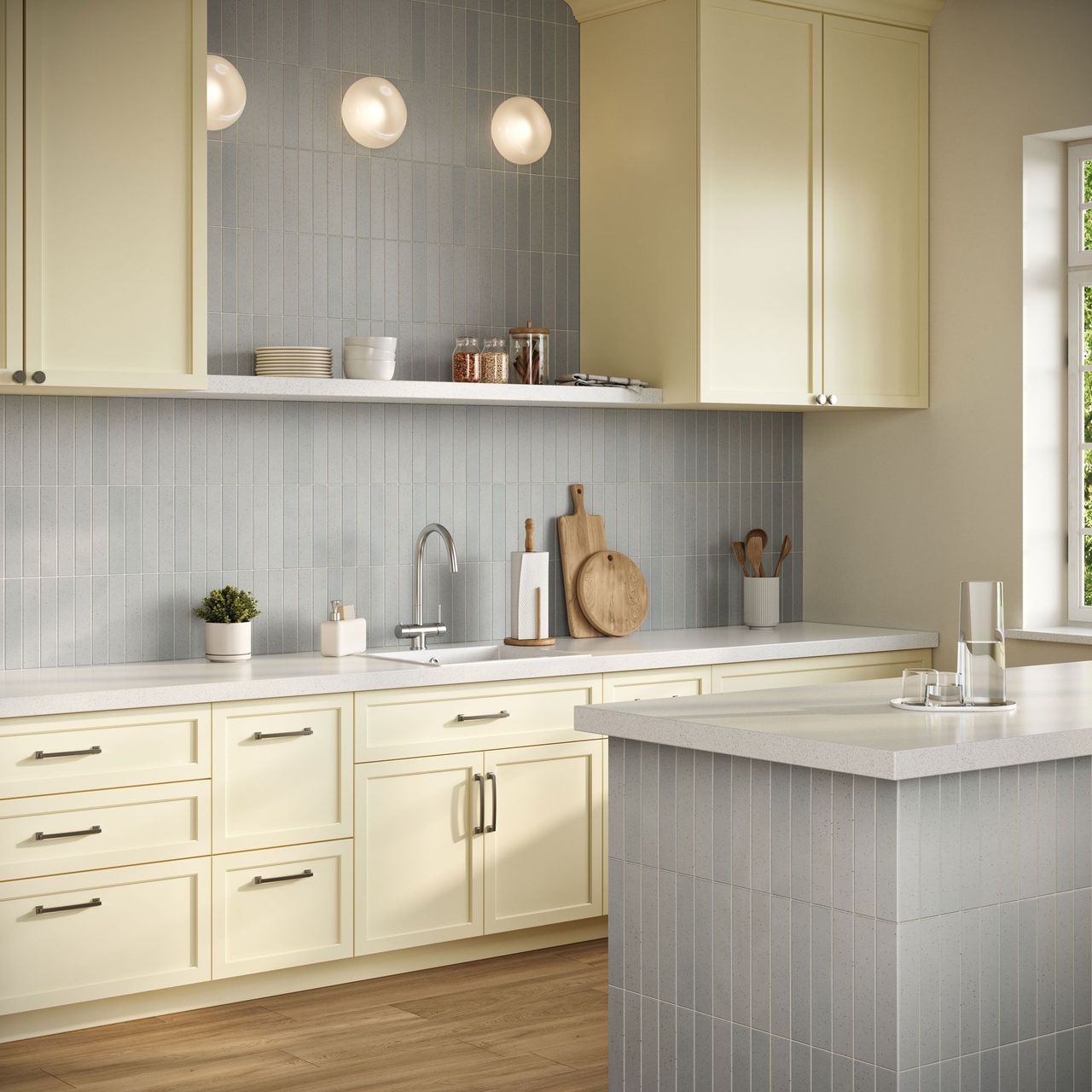 3D Rendering of vertical light blue tile in a cheerful butter-yellow kitchen with warm wood floors