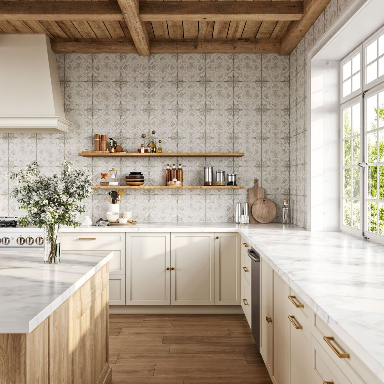 Photorealistic 3D rendering of wall tile in a warm farmhouse-style kitchen with wood accents