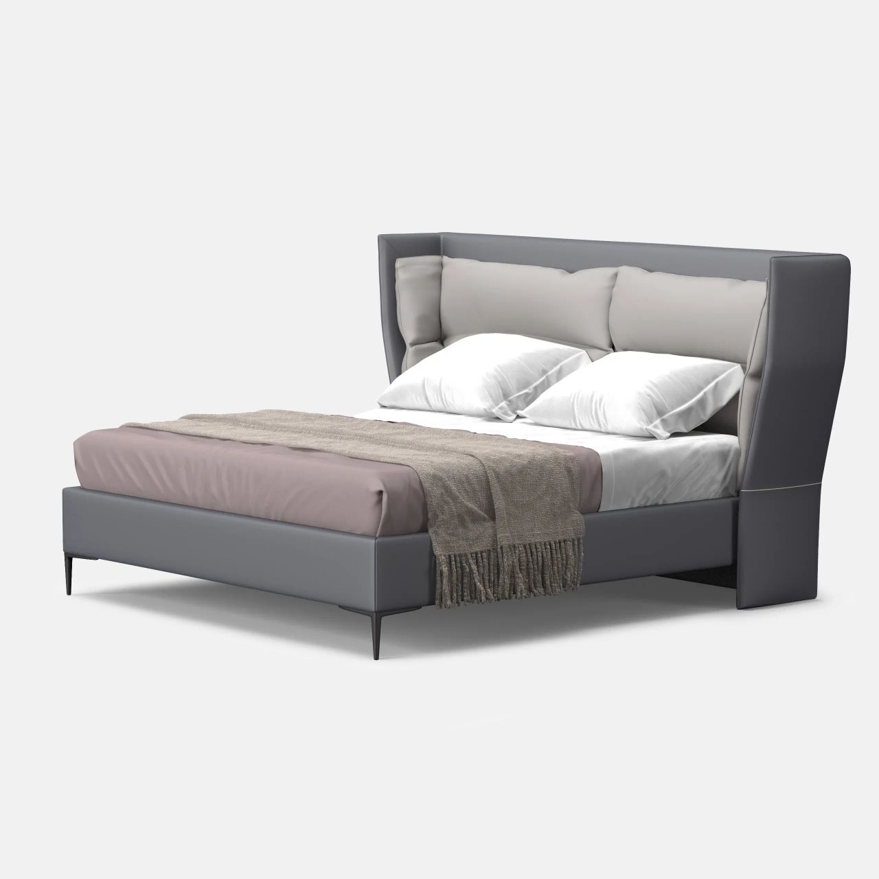 3D visualization of a fabric-upholstered bed with wooden legs on white background