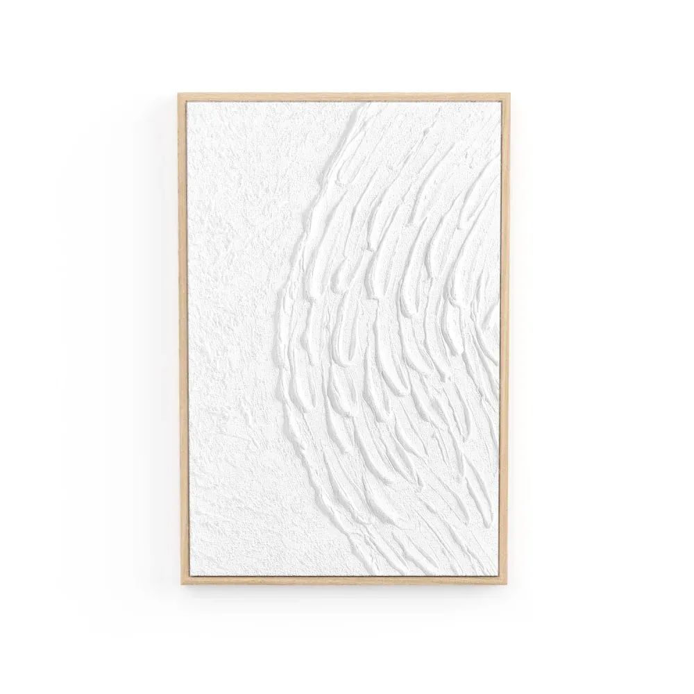 3D Rendering for catalogs showing a framed white textured wall art with a wave design