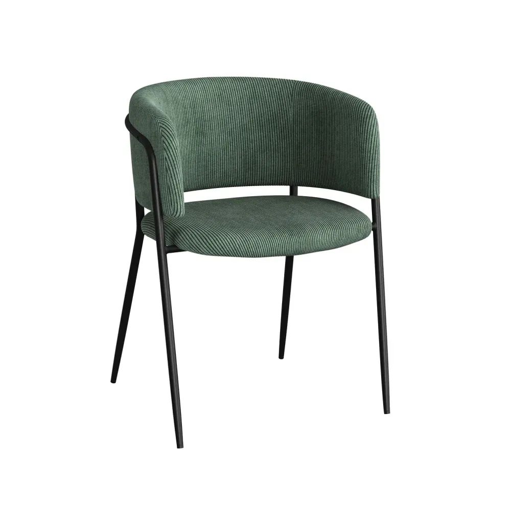 3D Visualization of a green upholstered dining chair with black metal legs on a white background