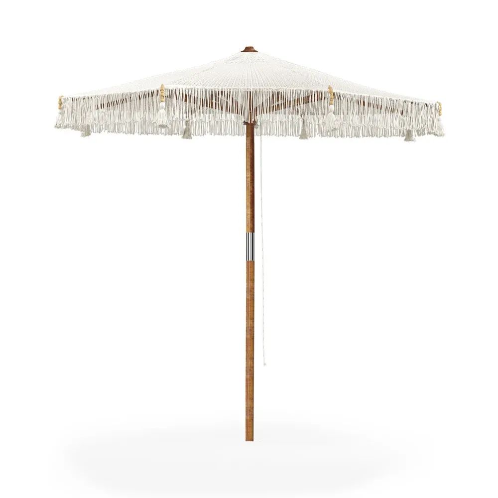 3D Visualization of a white outdoor patio umbrella with fringes and a wooden pole on a white background