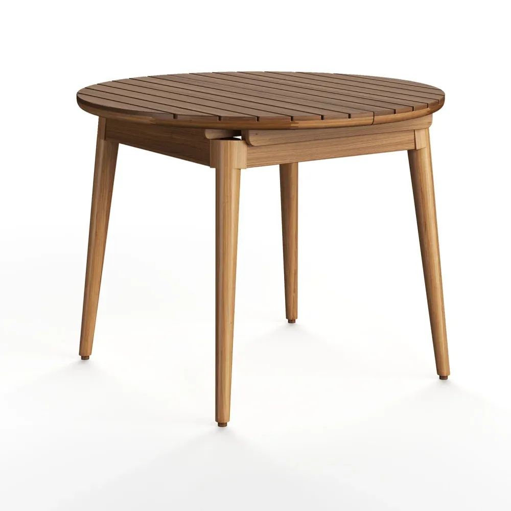 Silo 3D visualization of a round wooden dining table with slatted top and tapered legs in natural finish