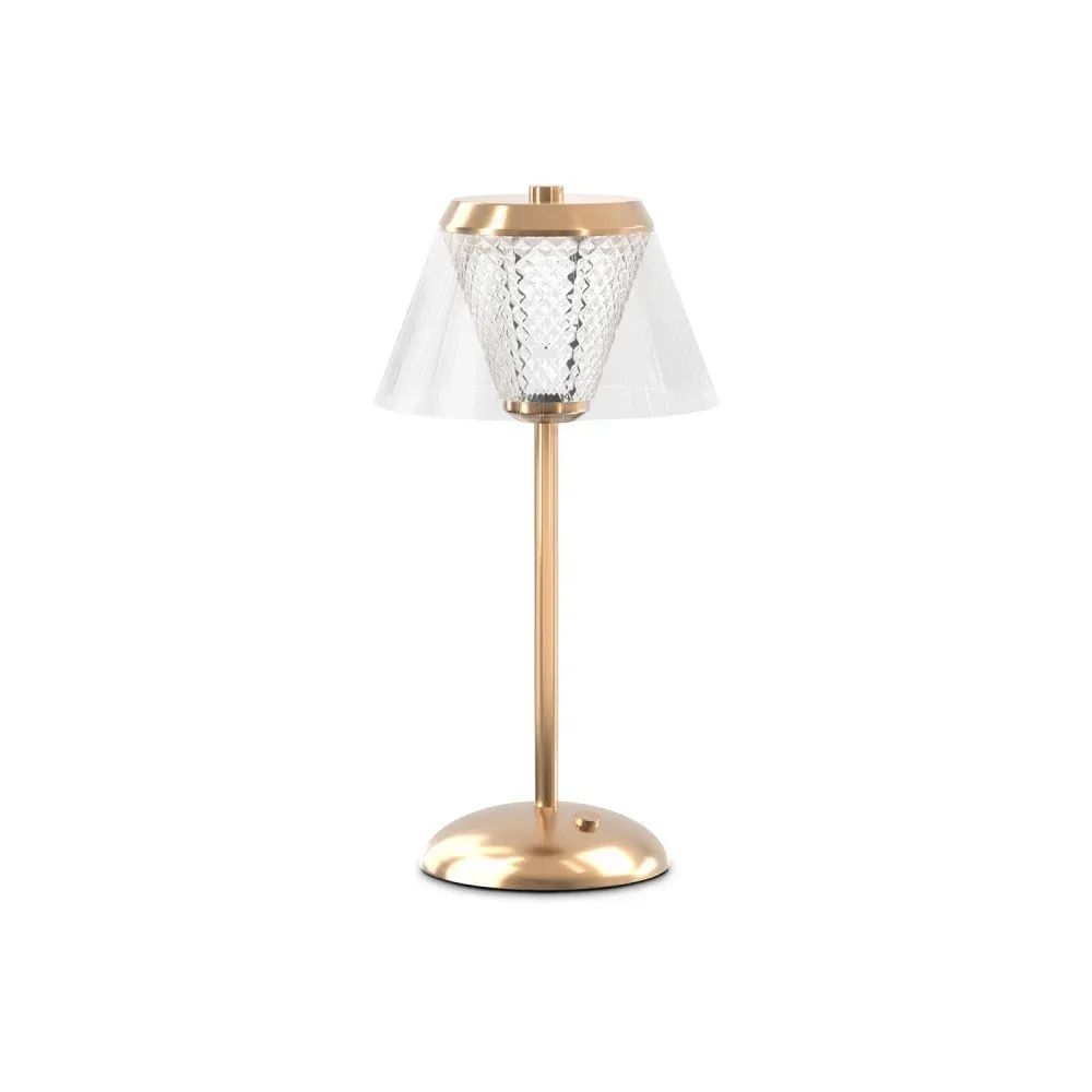 Product imagery for catalogs showing a gold table lamp with white shade