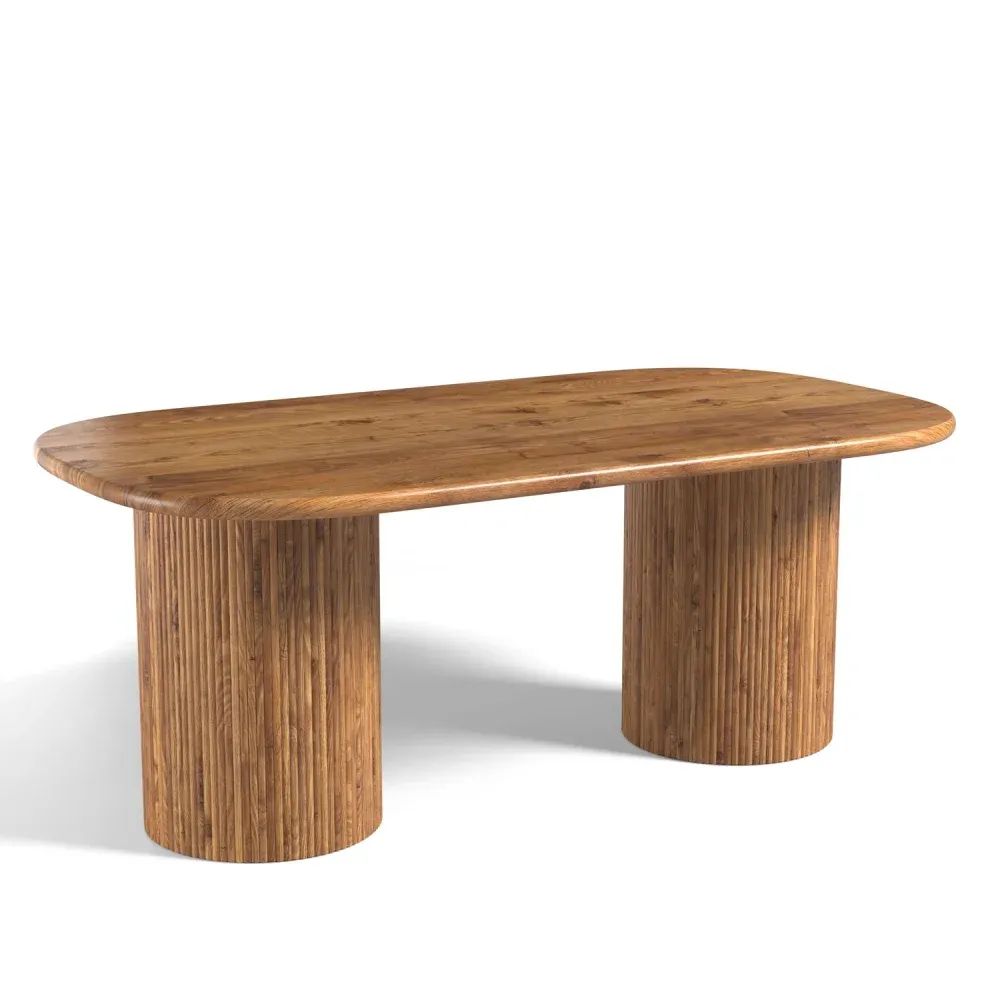 Silo 3D visualization of modern wooden dining table with oval top and two cylindrical ribbed pedestal bases