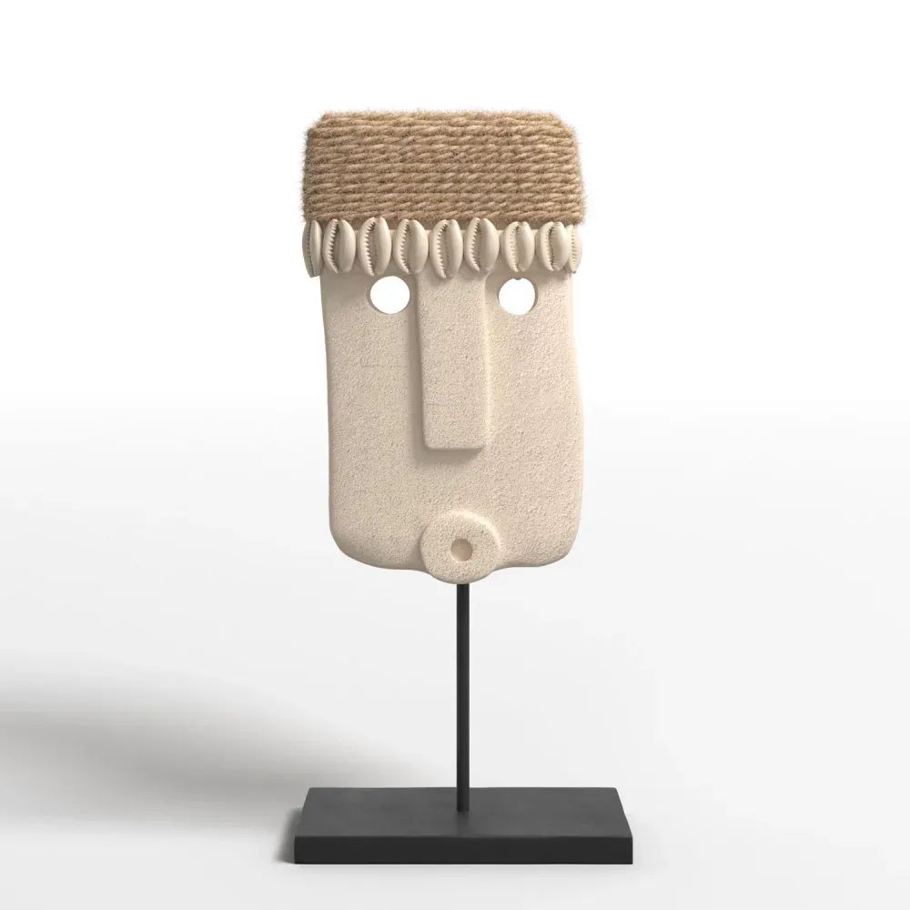 Product image for a catalog showing a tribal-style decorative mask on a black stand