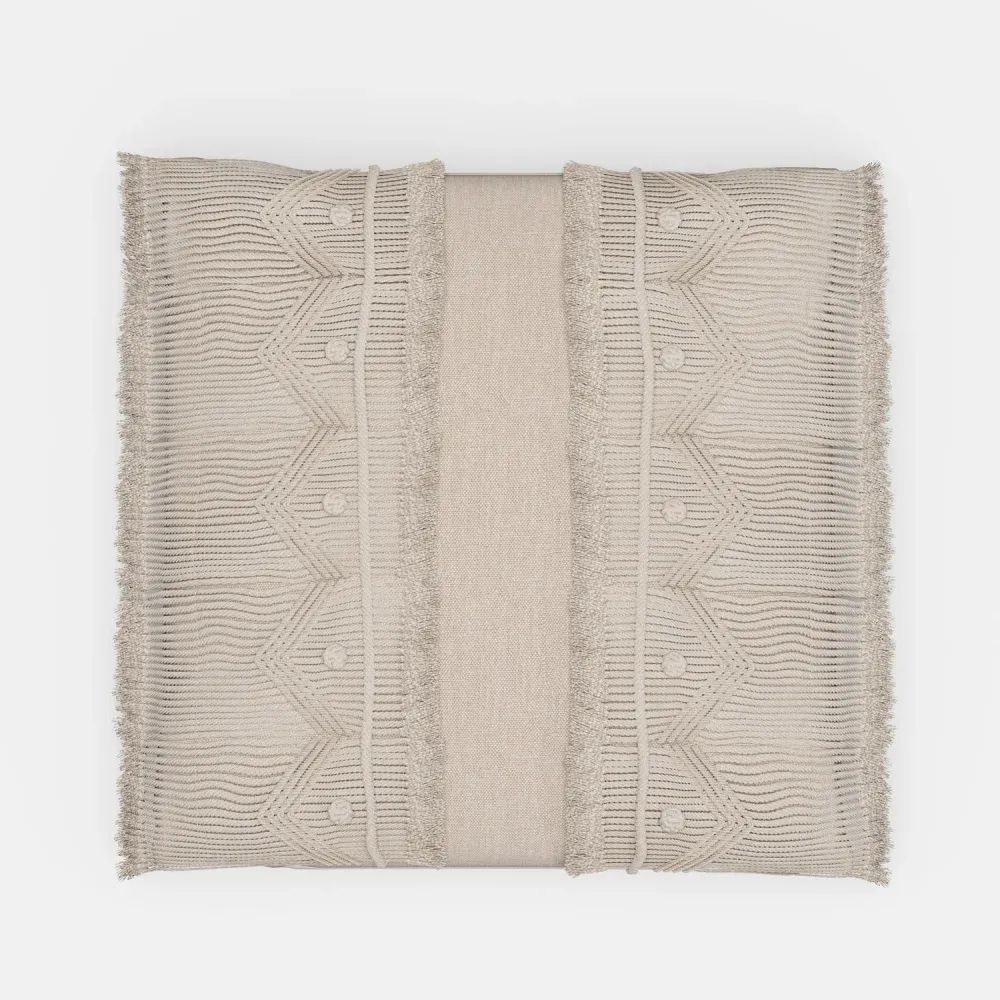 3D Rendering for catalogs showing a beige decorative pillow with textured patterns and fring