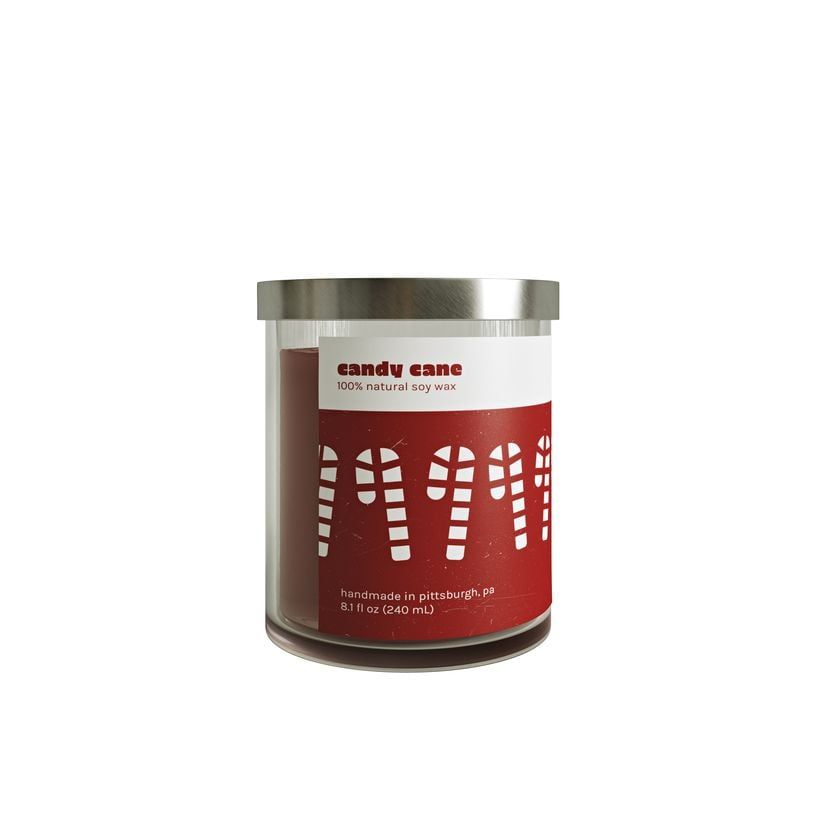 3D visualization of a candle in glass jar with festive red label