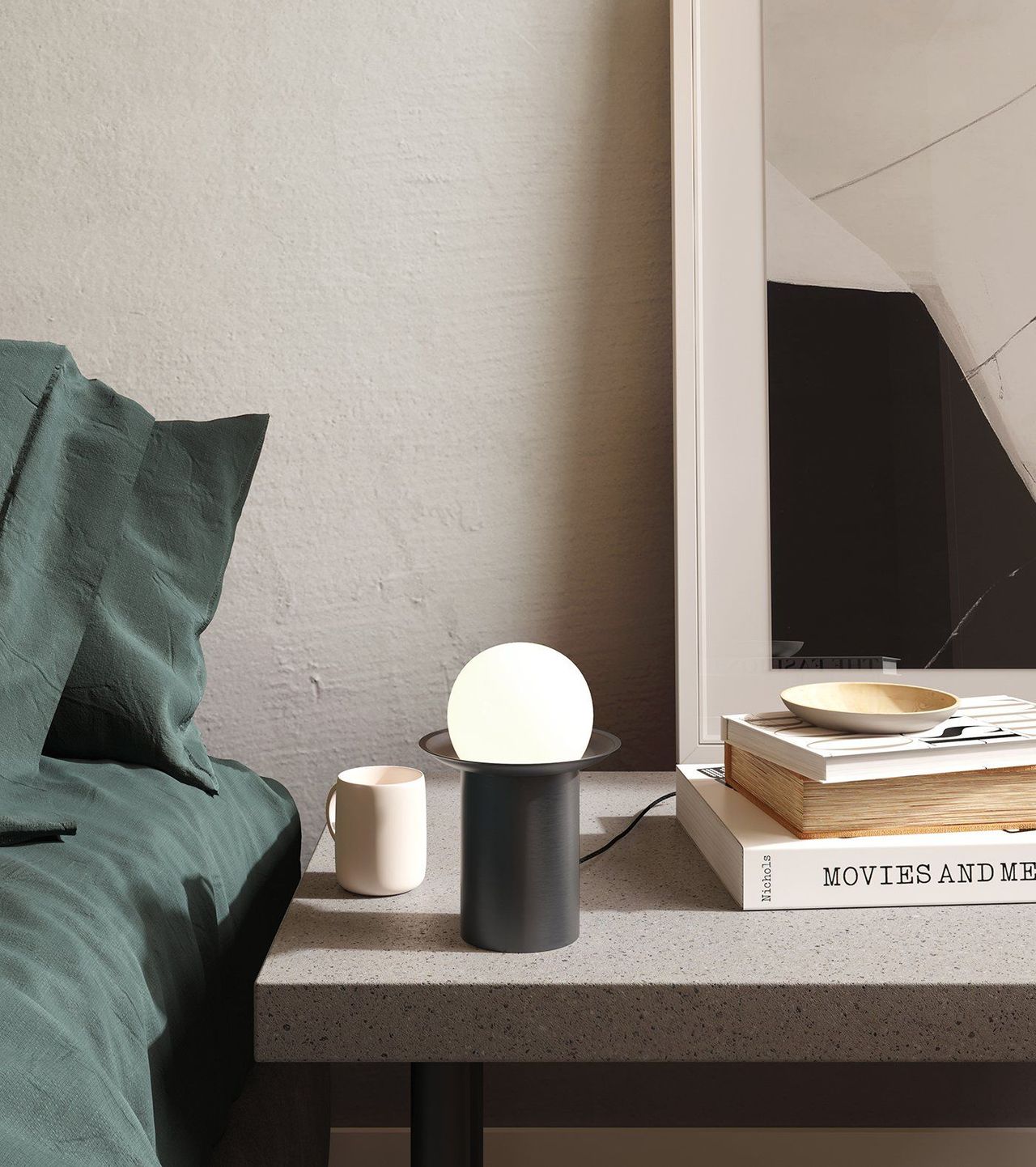 3D rendered image showcasing a modern bedroom interior with a bedside table, lamp, and decor, highlighting 3D furniture modeling and rendering techniques.