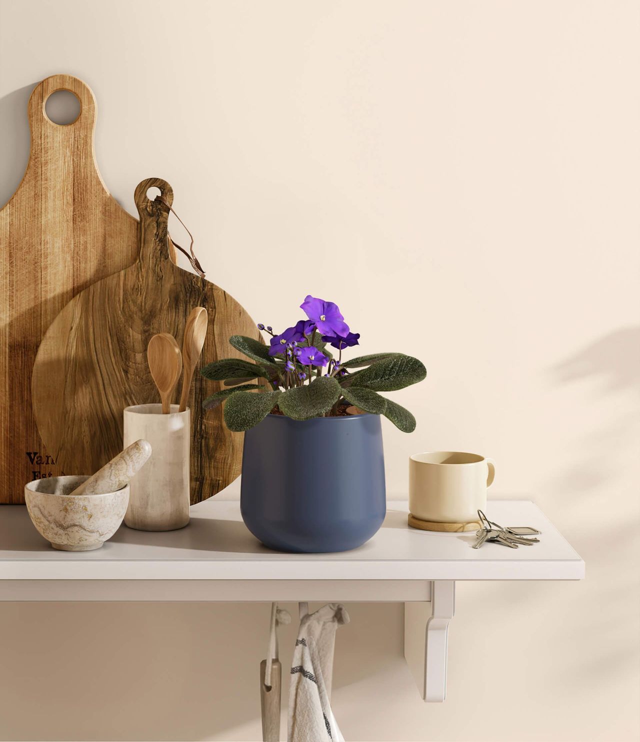 3D rendered image showcasing kitchen decor with a plant, cutting boards, and utensils, highlighting realistic furniture rendering and 3D interior visualization.