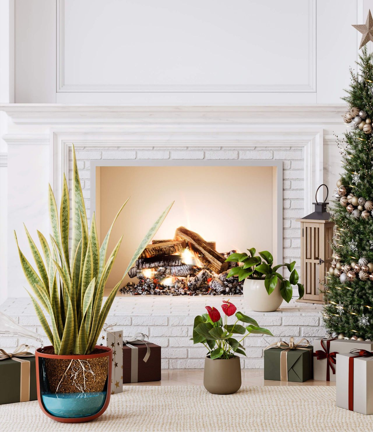 3D rendered image showcasing a cozy fireplace with plants and gifts, highlighting 3D interior visualization and realistic rendering.