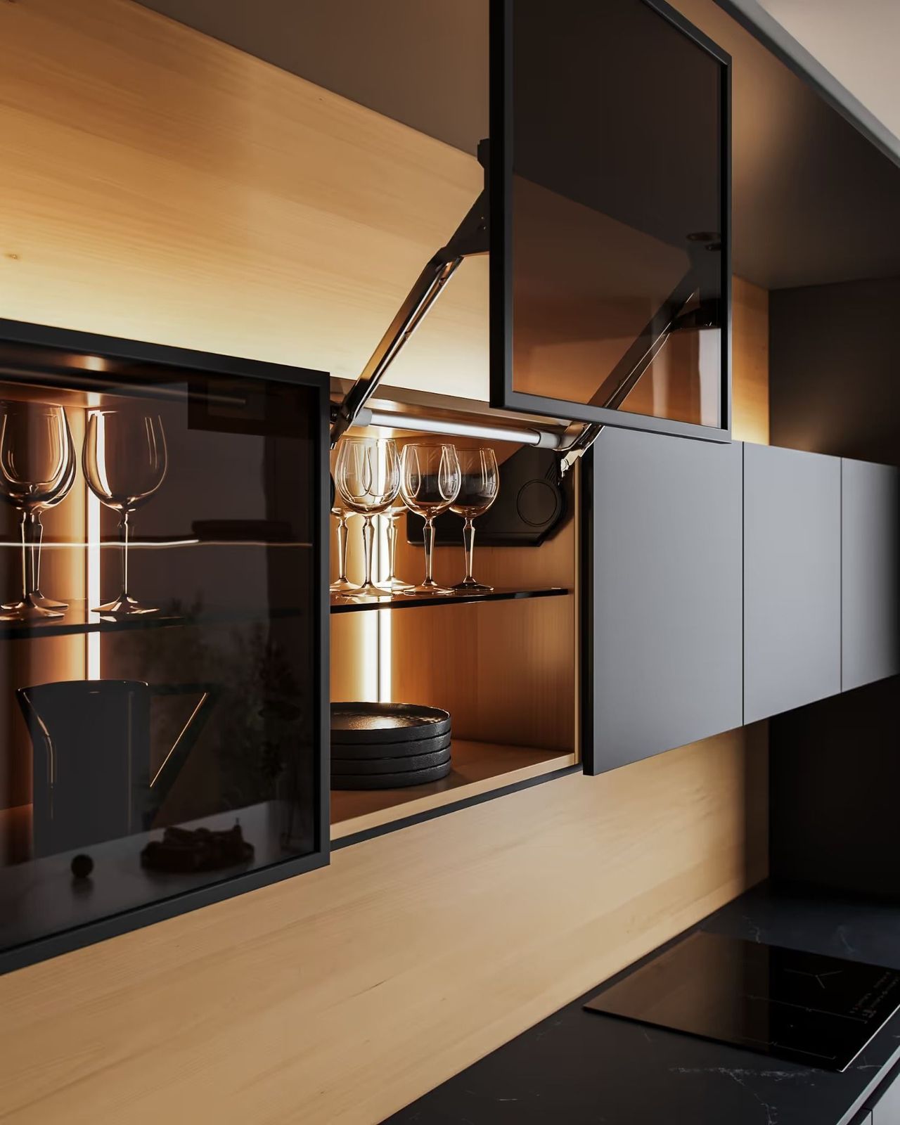 Product rendering showing cabinet lift doors in an open position to detail hinges, edges, and interior paneling