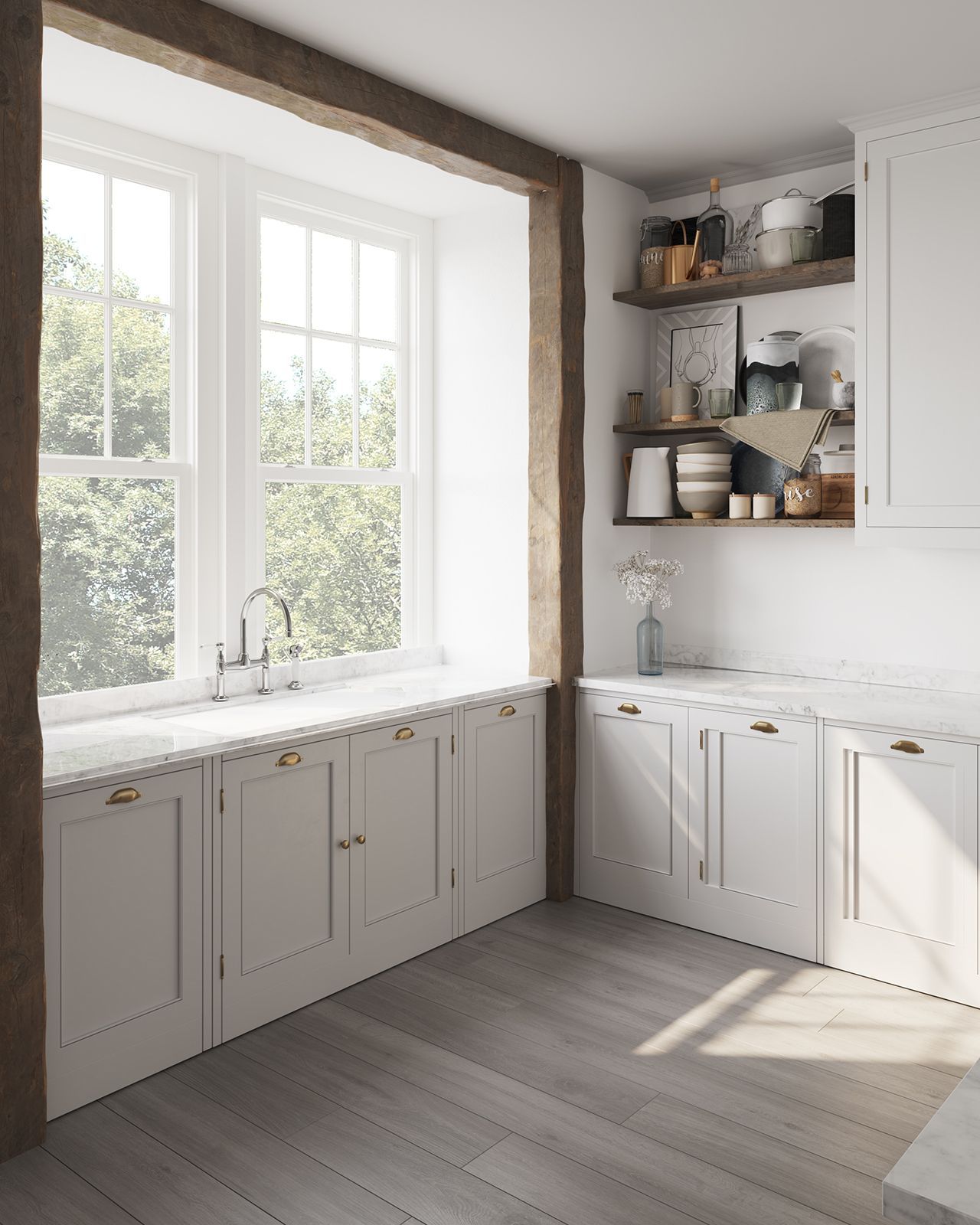 Photorealistic CGI of Wide Plank Flooring in Kitchen Interior