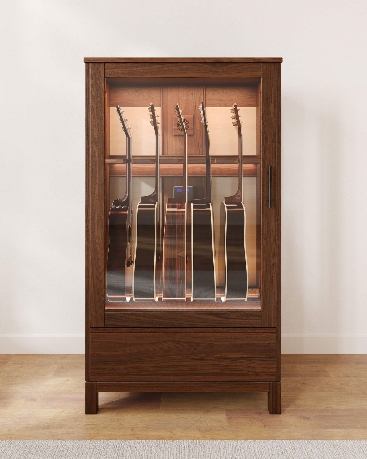 Lifestyle CGI of American music furniture with guitars stored inside, front view.