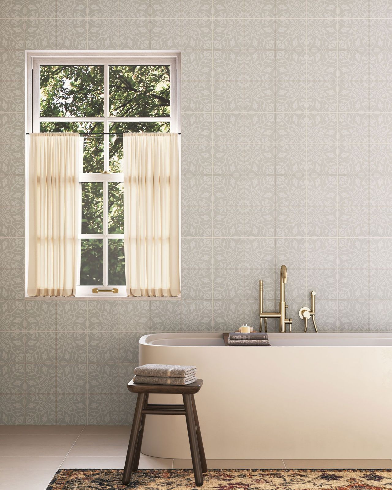 Product rendering of decorative tile in a serene bathroom with a window and bathtub