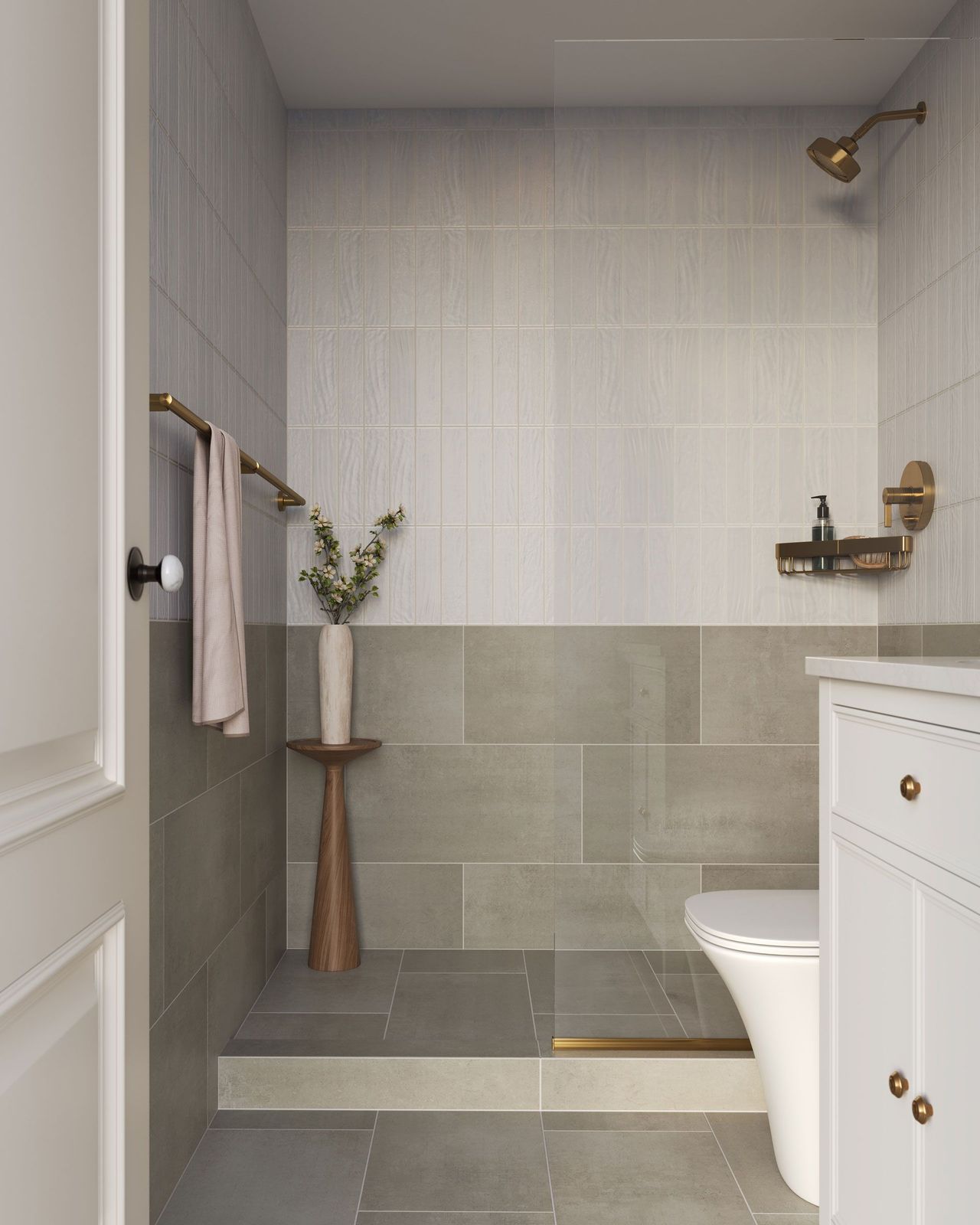 3D visualization for tiles showing a narrow bathroom with vertical tiles, brass fixtures, and a wall-mounted toilet