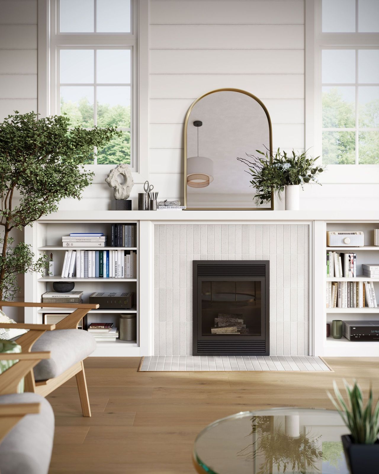 Product rendering of slim vertical tiles around a fireplace in a Scandinavian-style living room