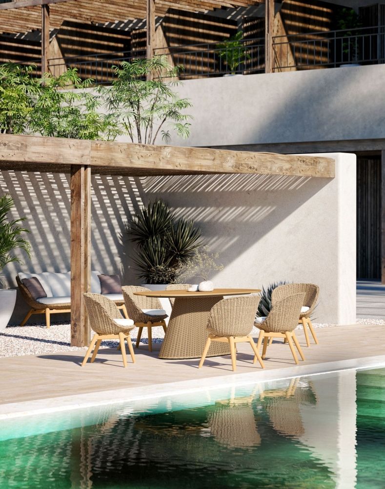 Photorealistic 3D rendering of outdoor product by a pool, showcasing 3D product modeling and visualization.