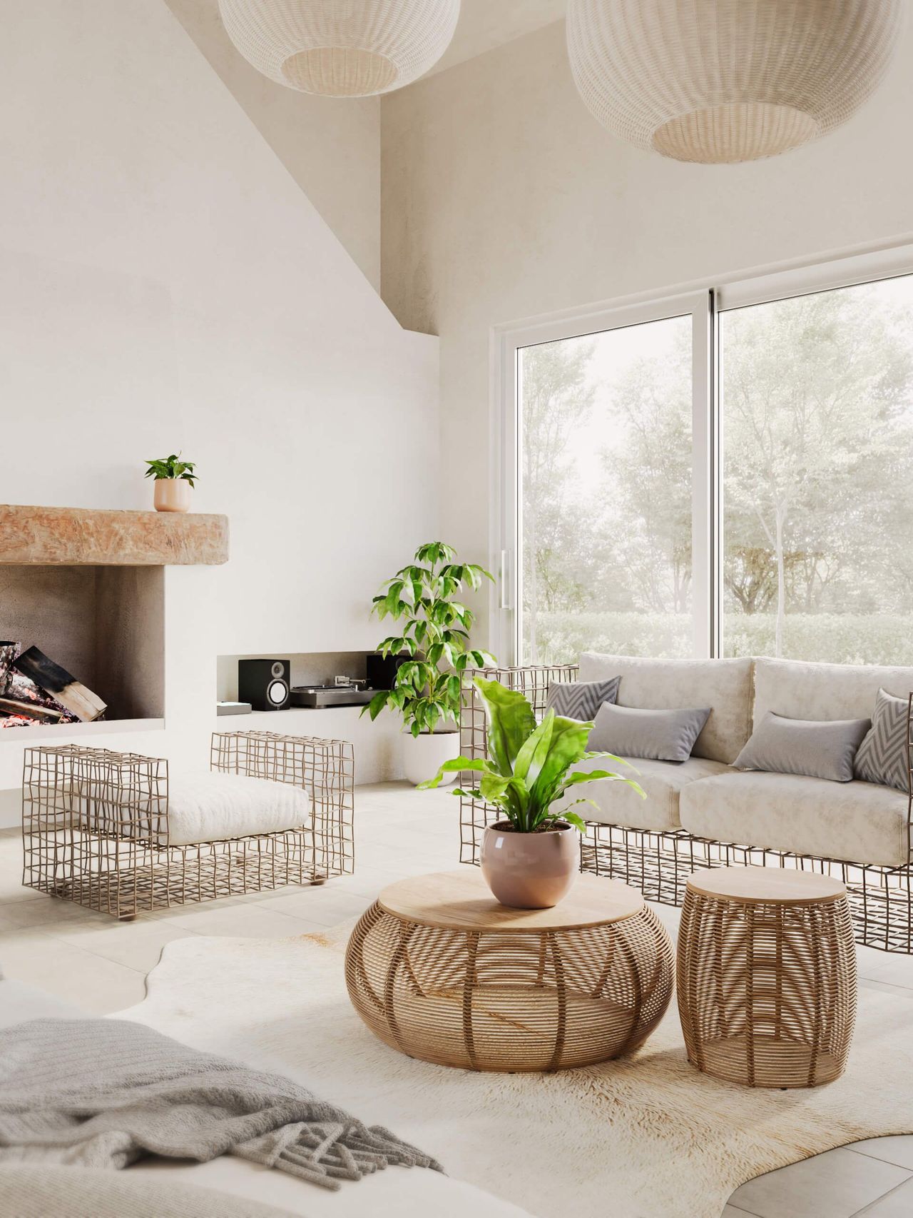 Realistic 3D rendering of a trendy living room with bespoke house fittings, showcasing photorealistic visualization and 3D modeling.