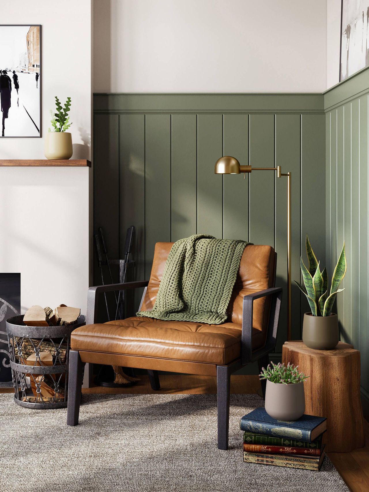 3D furniture rendering showcasing a cozy living room with a leather chair, green accents, and modern decor. Top-notch 3D visualization and photorealistic rendering.