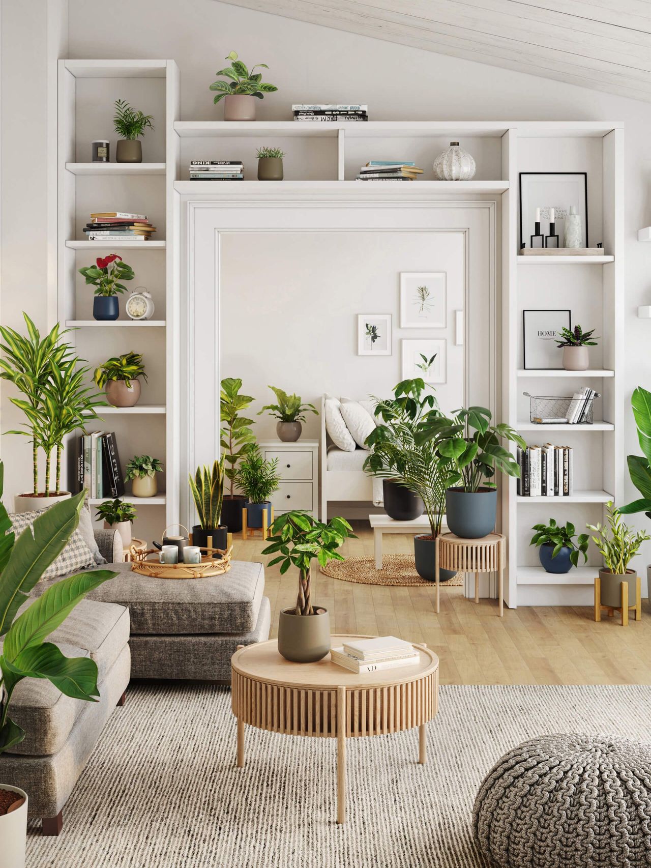 3D Rendering for a Living Room With Built-In Shelving and Potted Plants