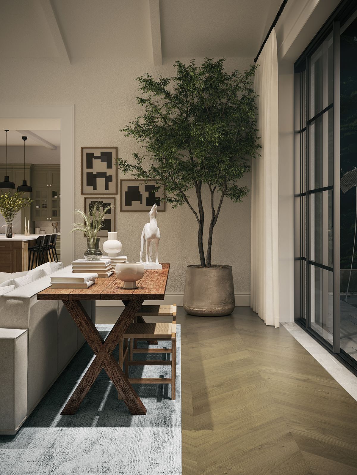 Photorealistic CGI of Winding Path Chevron Parquet