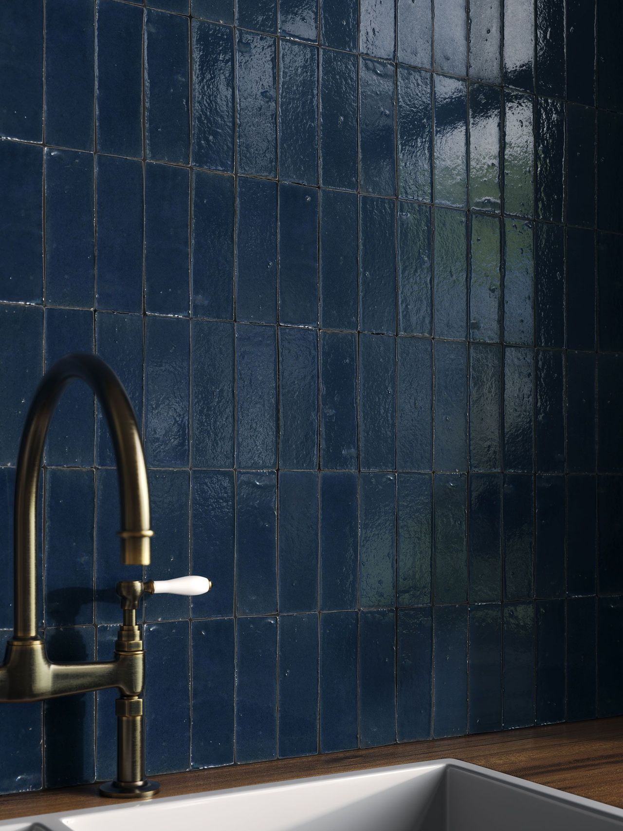 3D Rendering showing deep navy blue tile backsplash with handmade texture and glossy finish