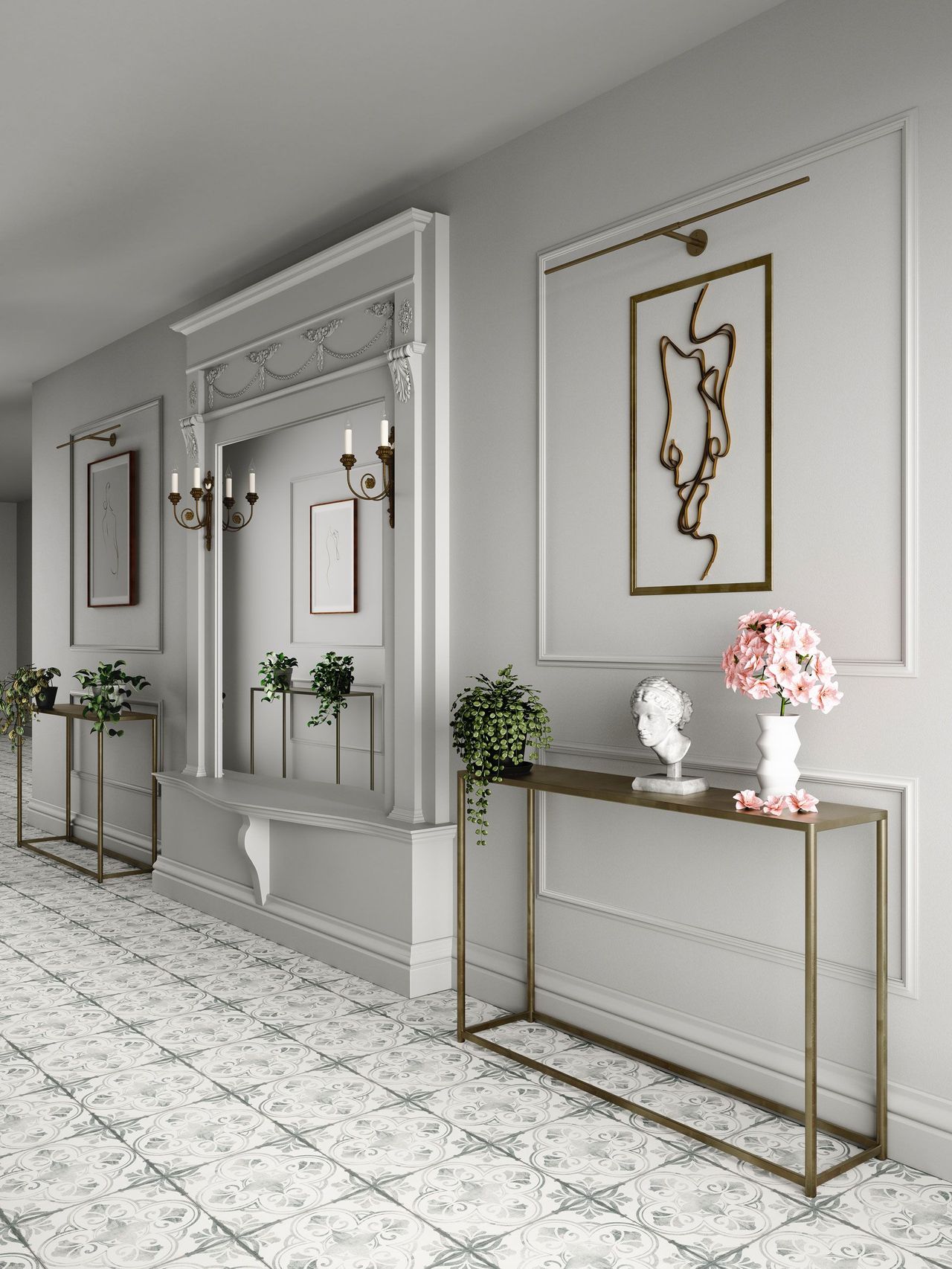 Photorealistic 3D rendering of decorative floor tile in a traditional entryway with gold accents