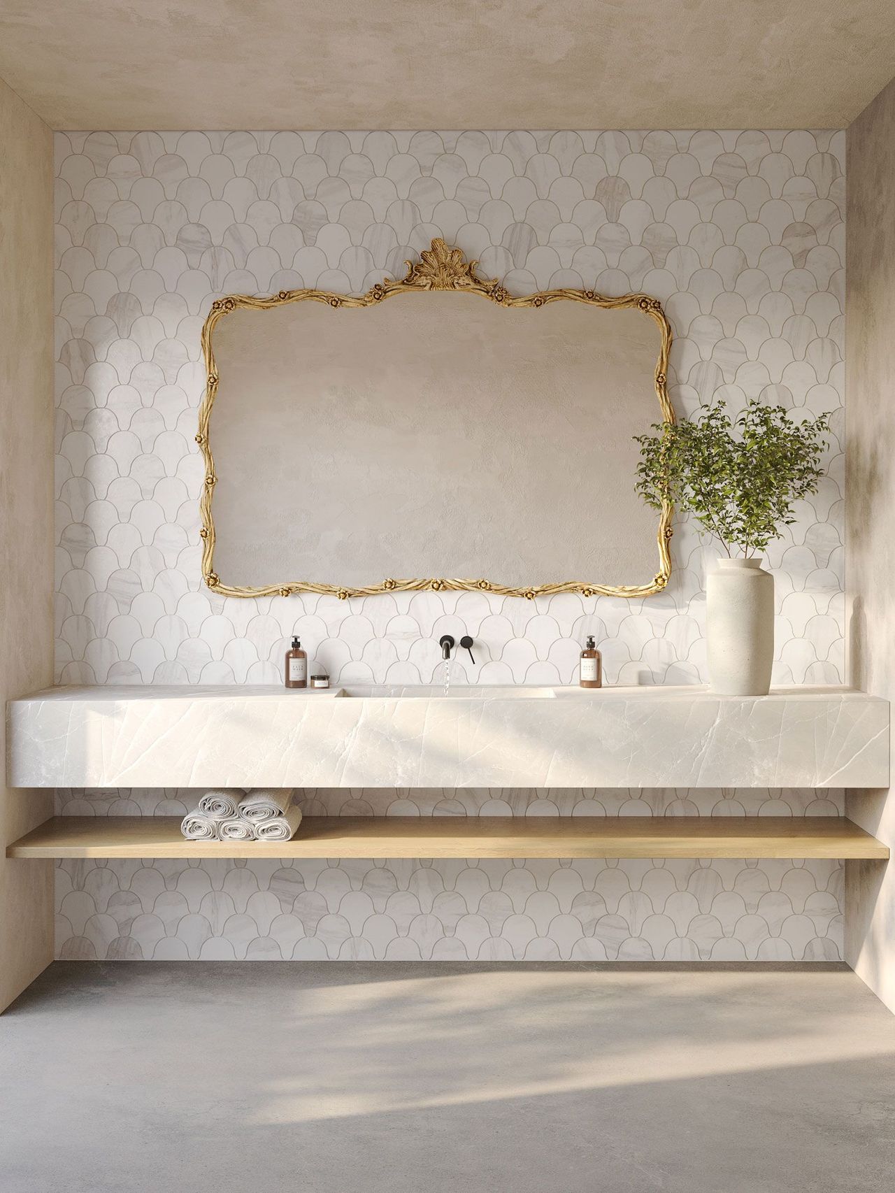 Photorealistic 3D rendering of sunlit bathroom with light neutral tiles