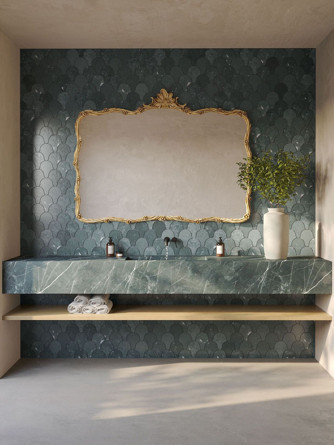 Stylish 3D rendering of a teal tile bathroom with gold mirror and modern marble vanity