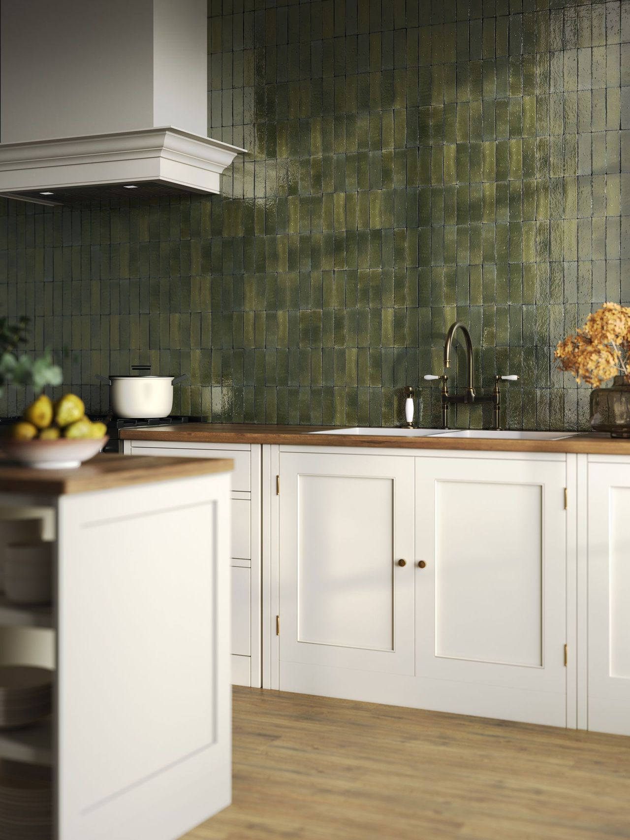 3D Visualization for tiles showing handmade zellige backsplash in a classic white and wood kitchen